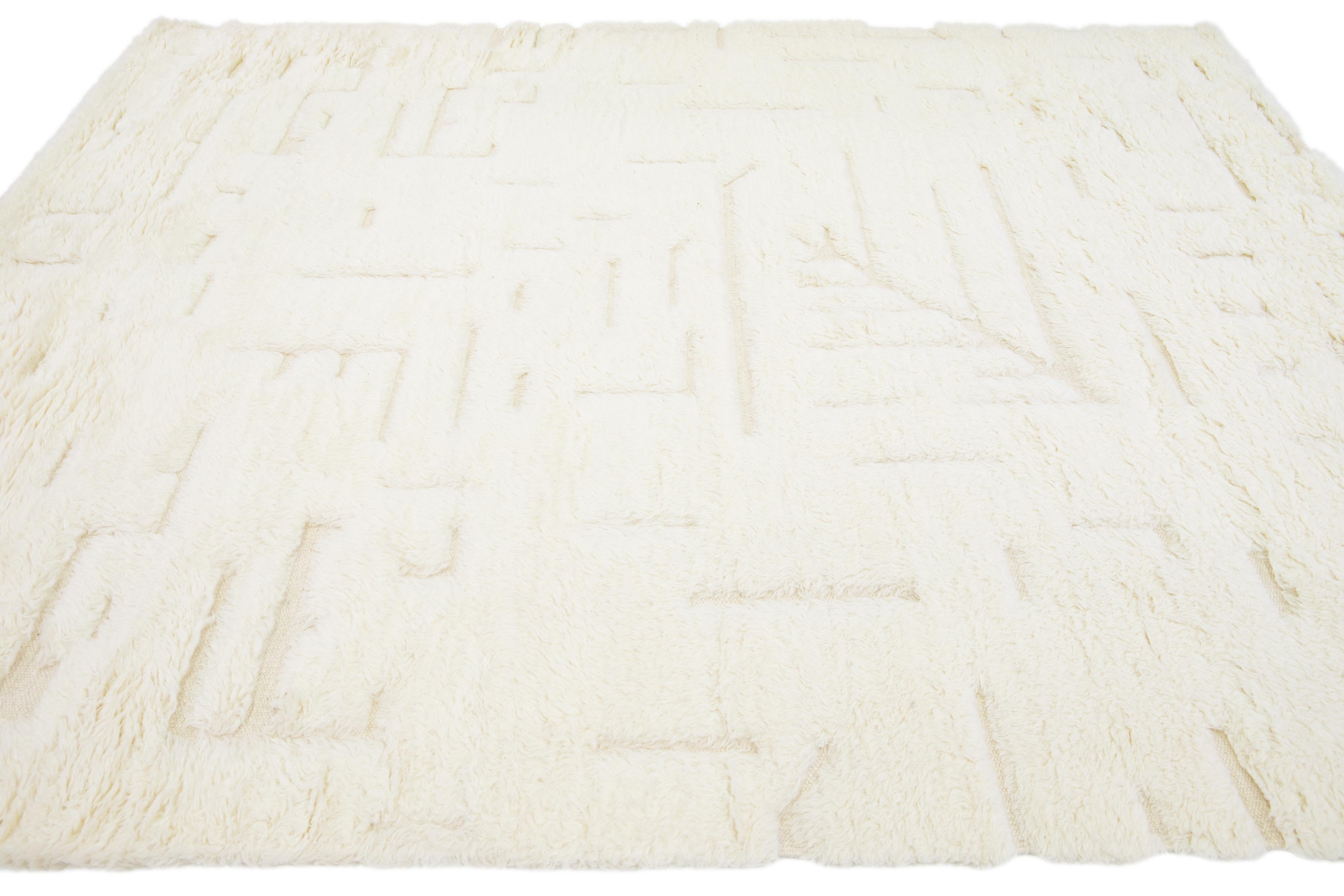 Geometric Modern Moroccan Style Handmade Ivory Wool Rug by Apadana In New Condition For Sale In Norwalk, CT