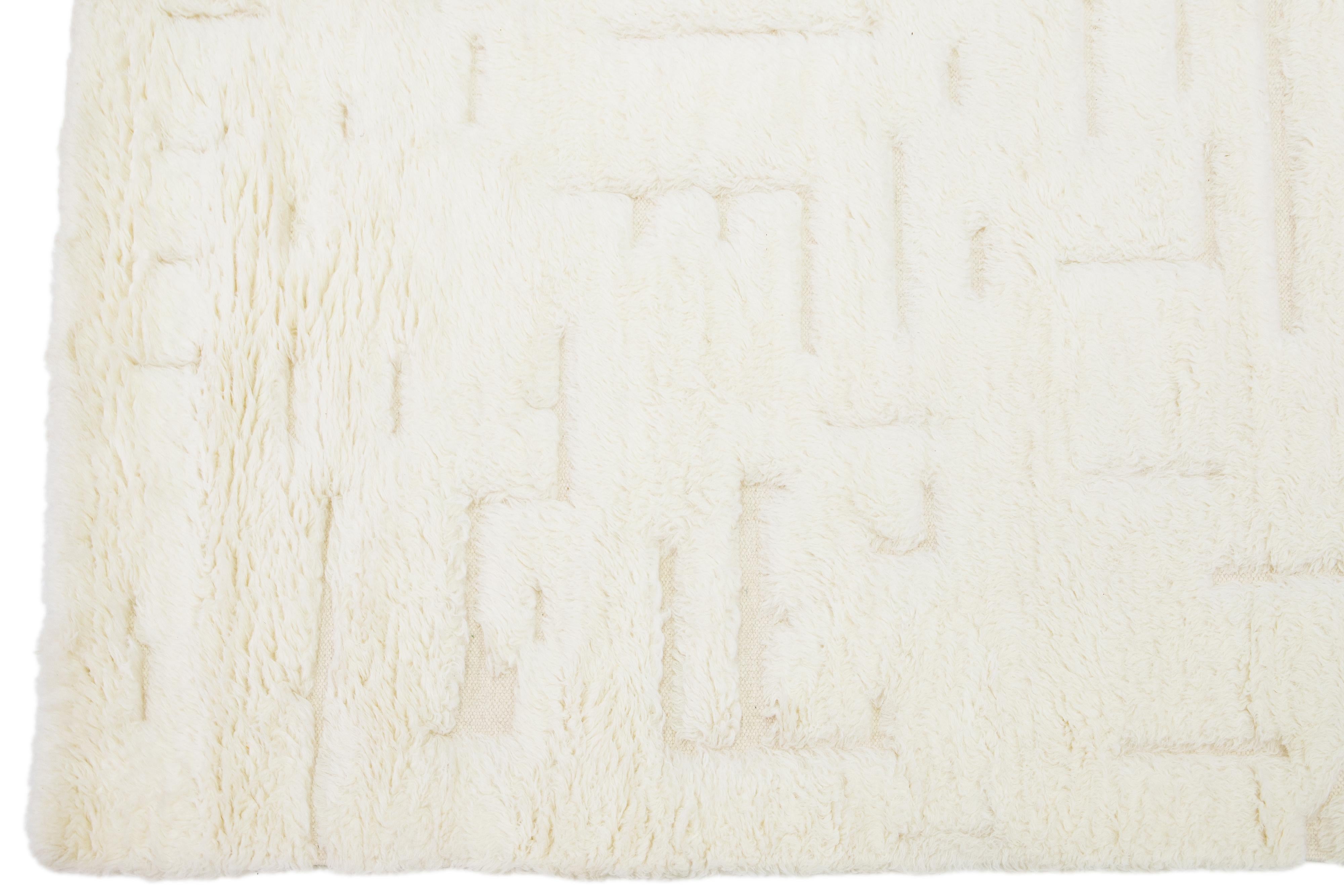 Contemporary Geometric Modern Moroccan Style Handmade Ivory Wool Rug by Apadana For Sale