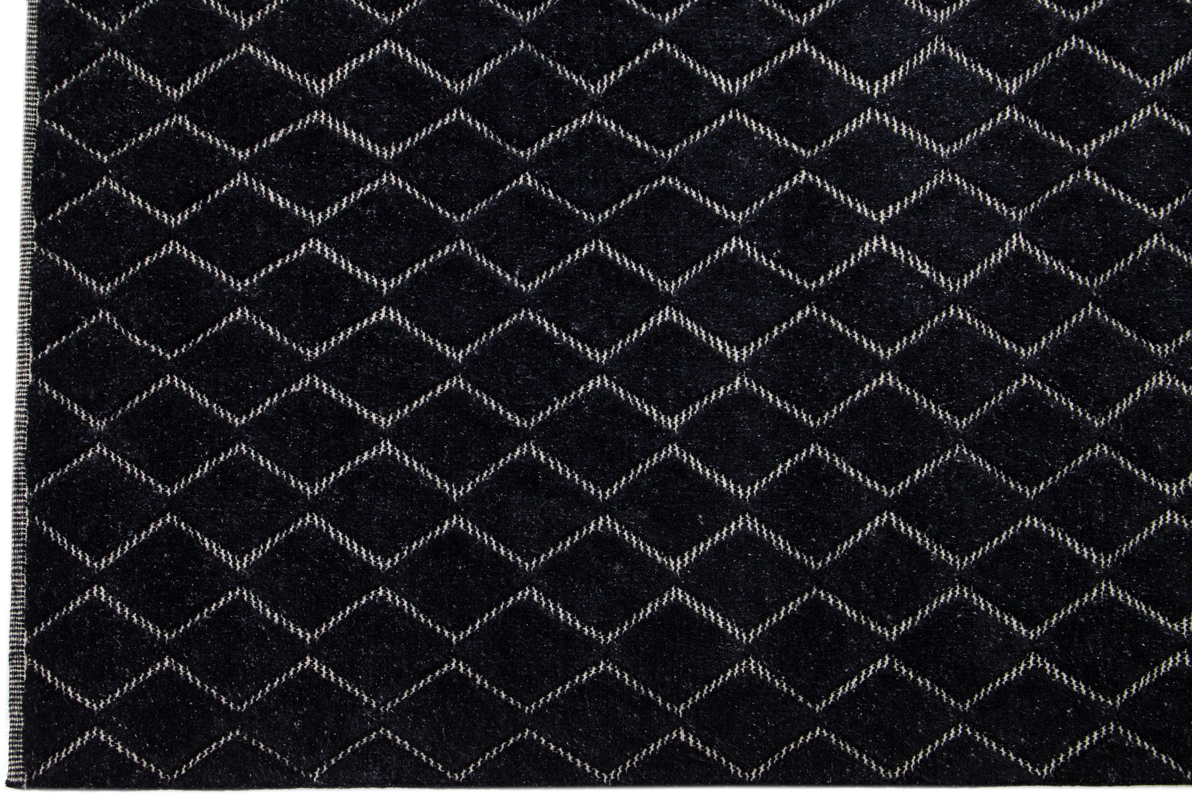 Hand-Knotted Geometric Modern Moroccan Style Wool Rug in Black For Sale