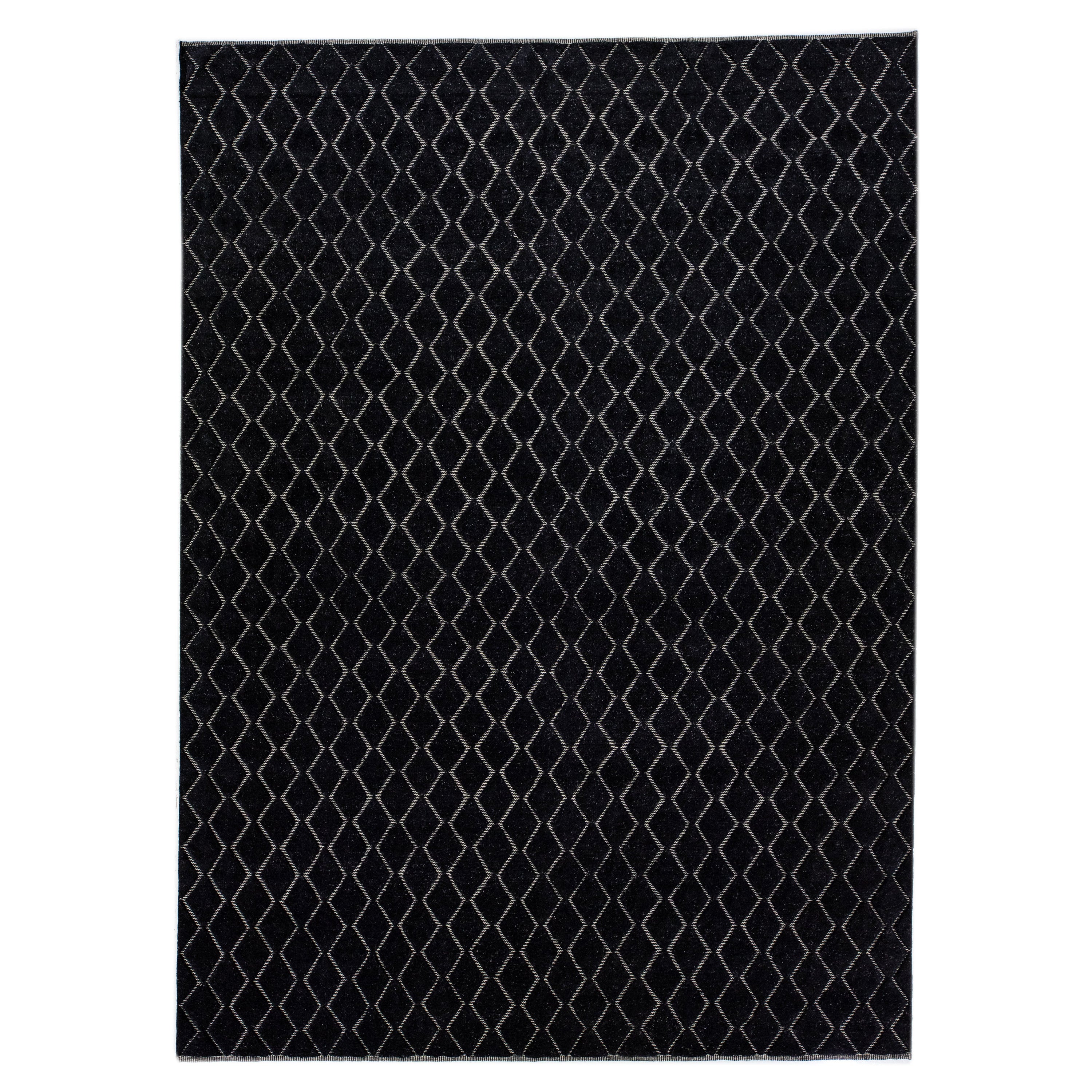 Tappeto geometrico moderno in lana in stile marocchino in nero