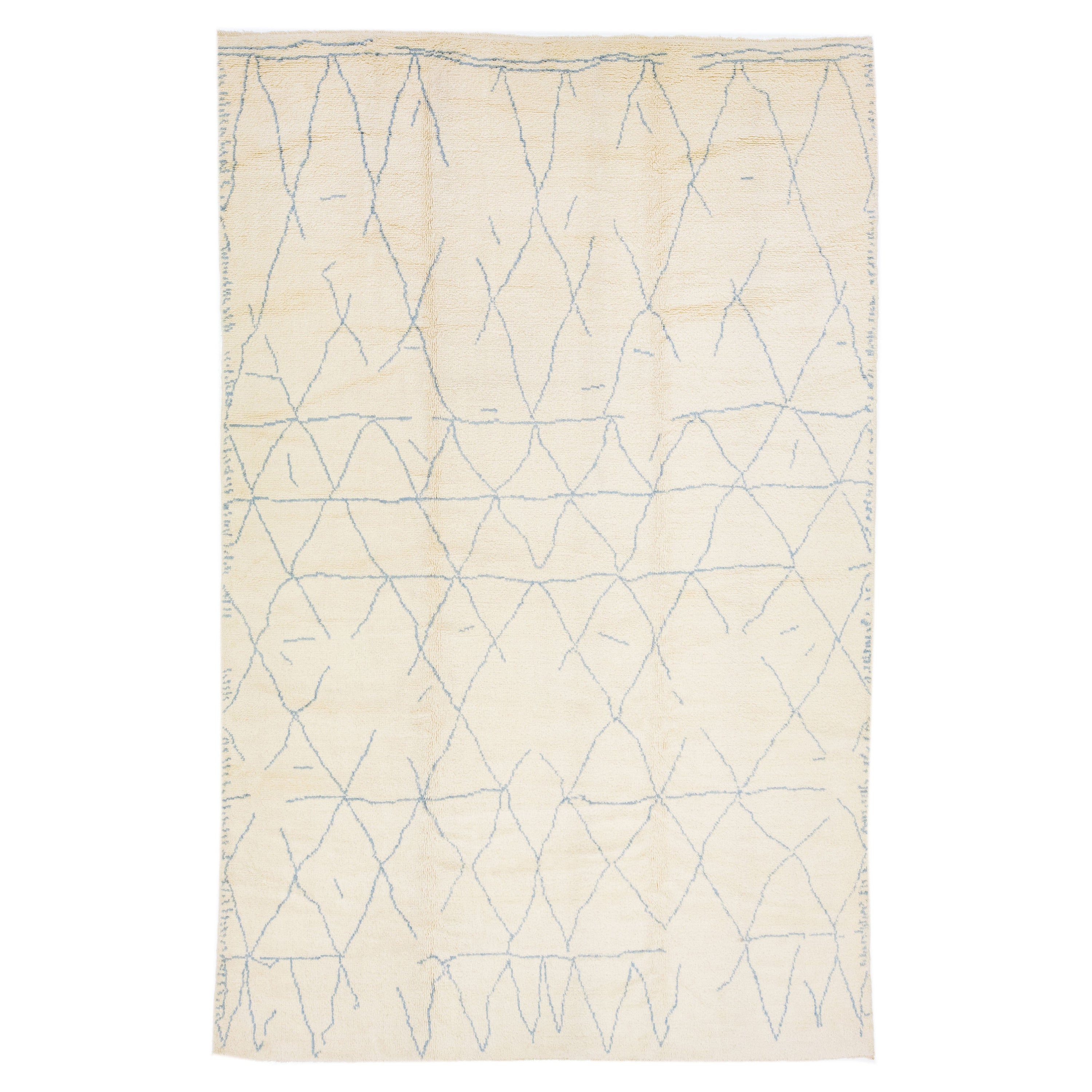 Geometric Modern Moroccan Wool Rug Handmade with Ivory Field