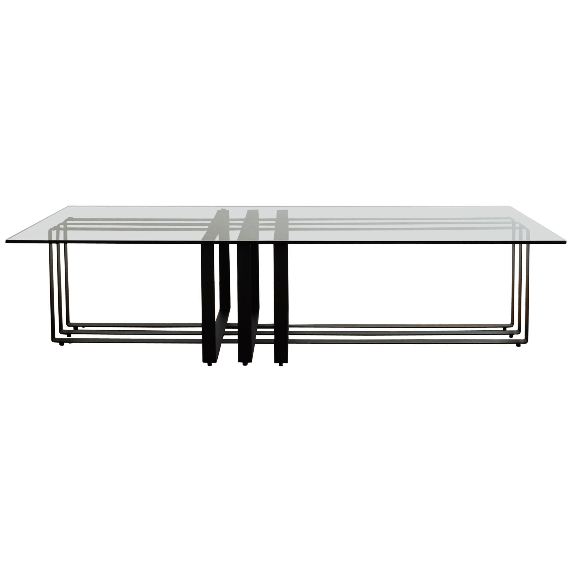 Modern Glass Coffee Table With Sculptural Black Frame Smoked Glass Top For Sale
