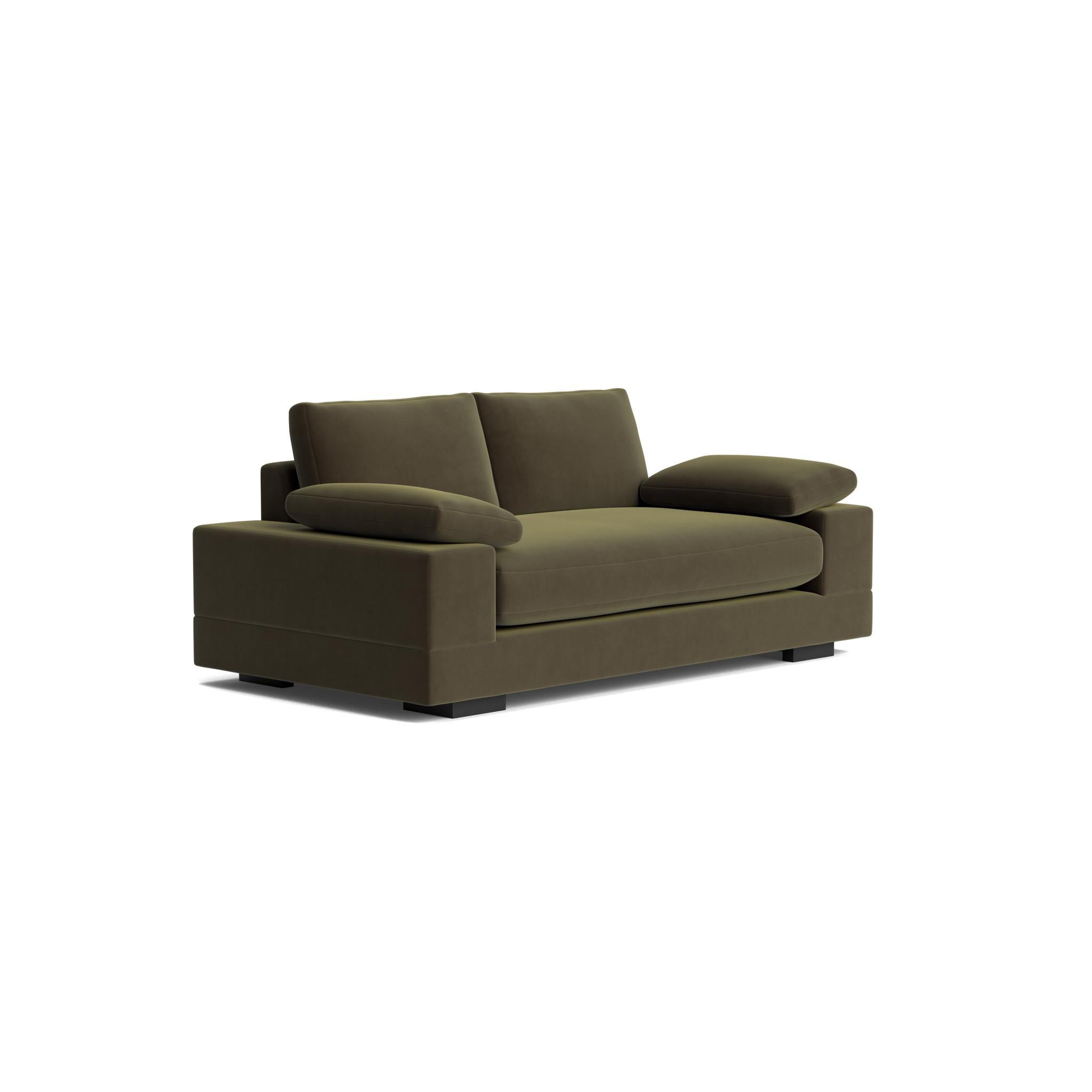 This sofa boasts a generously proportioned arm, its square profile offers a clean, contemporary aesthetic. Atop this sturdy base rests a plush, loose cushion arm rest. Relaxed, deep bench seating with plush premium cushions and webbed suspension