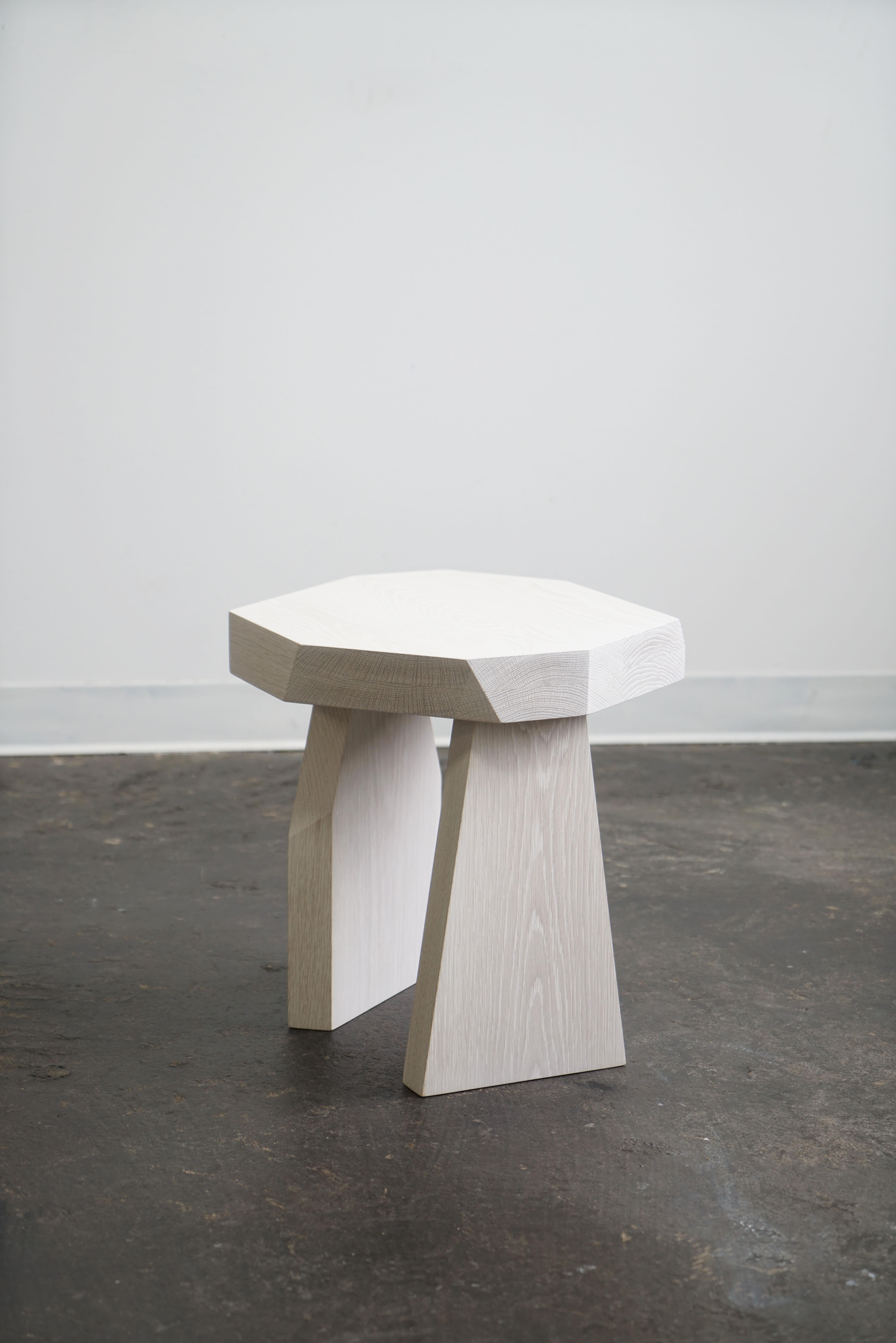 A geometric organic modern style side table or stool.

Made by Last Workshop, 2025
White oak, bleached oak finish. 
Measures: 18