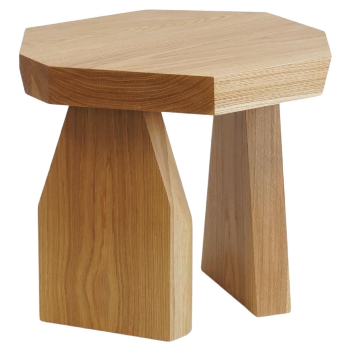 A recently made geometric organic modern style side table or stool.

Made by Last Workshop, 2023
White oak, natural satin oil finish.
Measures: 18