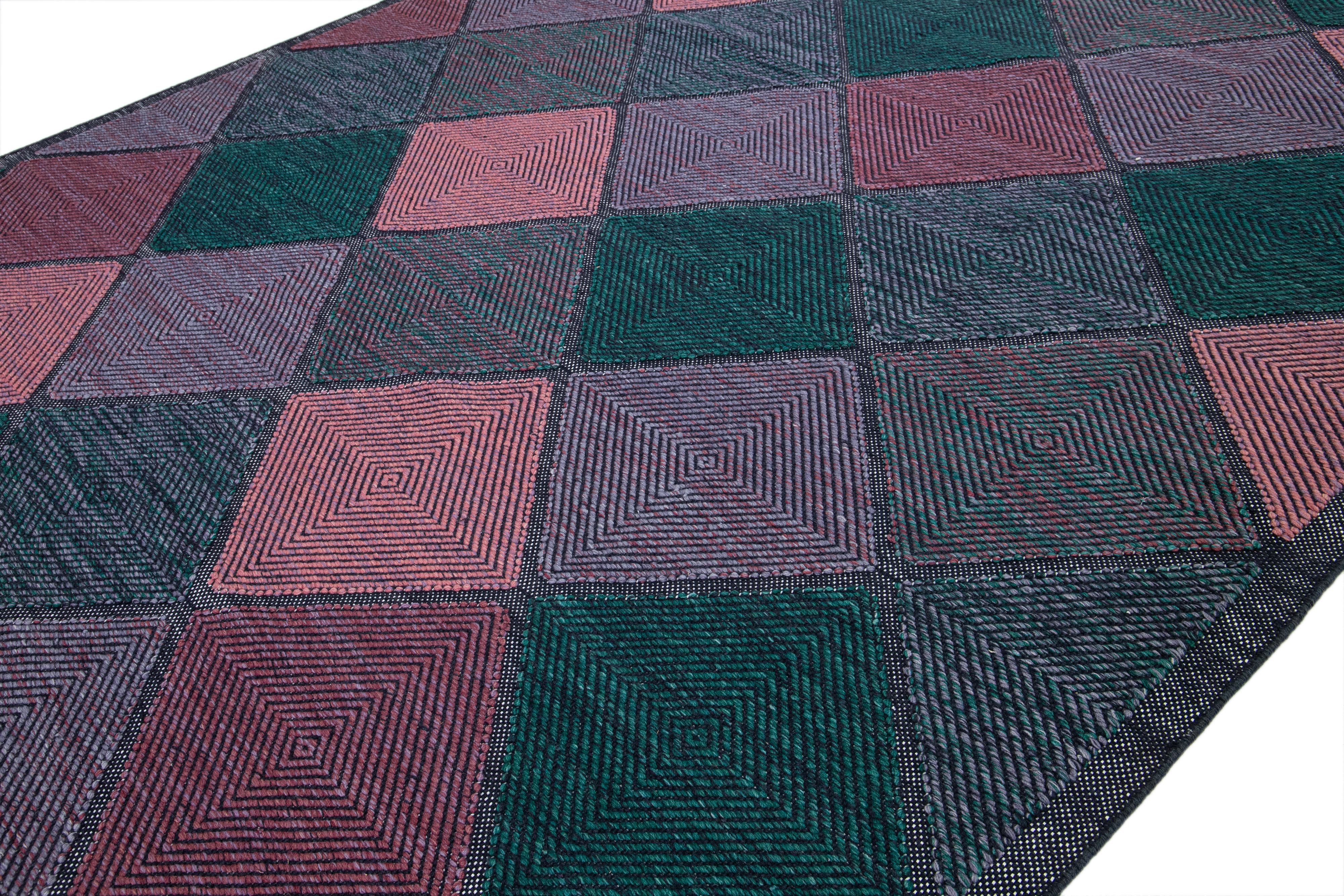 Indian Geometric Modern Swedish Style Room Size Wool Rug In Green and Pink For Sale
