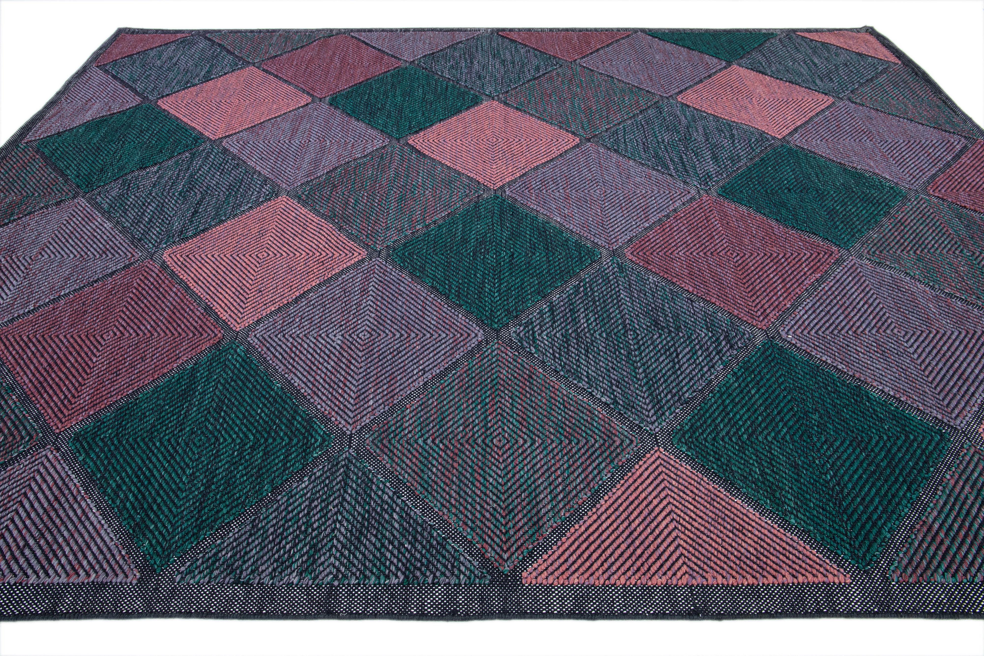 Hand-Knotted Geometric Modern Swedish Style Room Size Wool Rug In Green and Pink For Sale