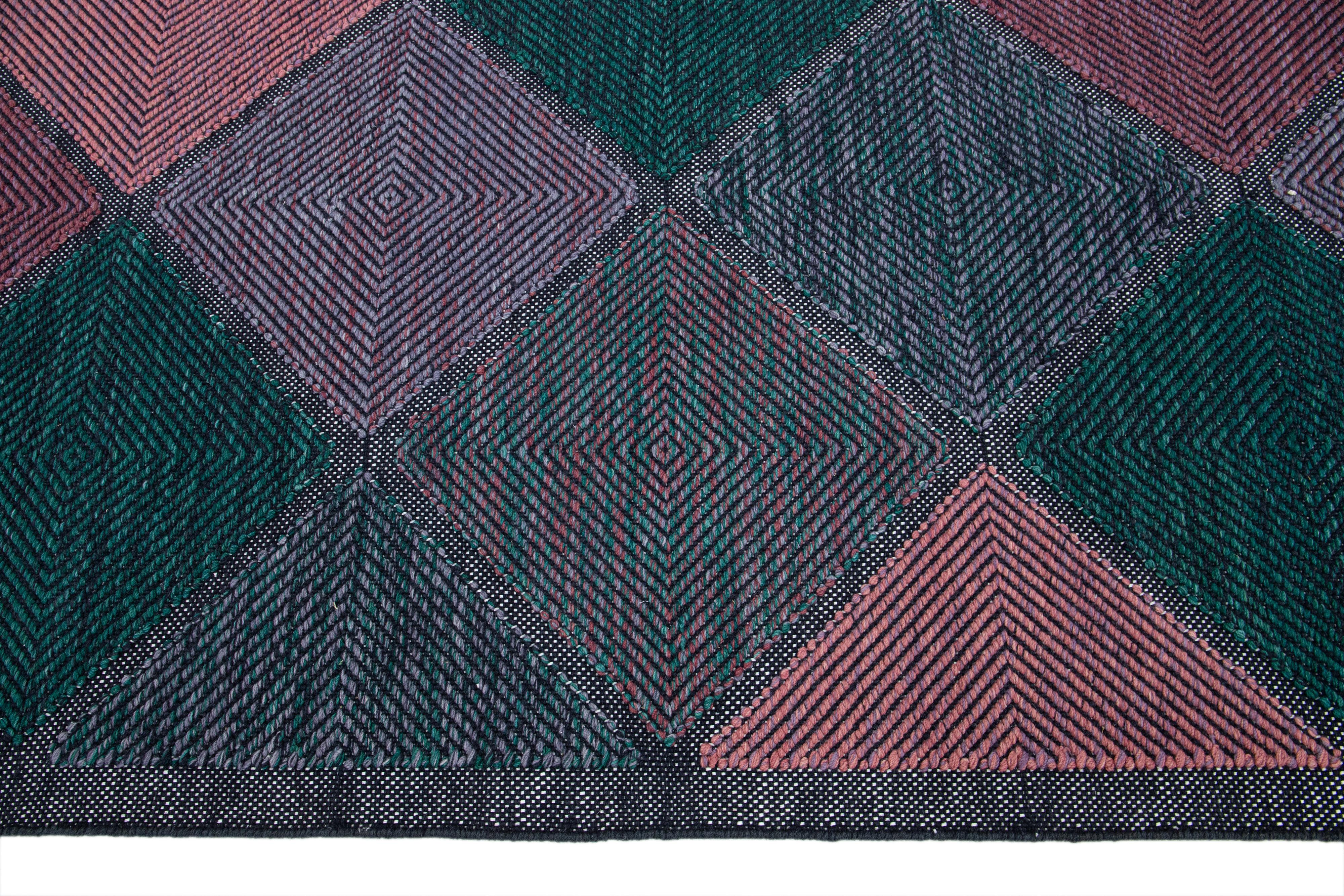 Geometric Modern Swedish Style Room Size Wool Rug In Green and Pink In New Condition For Sale In Norwalk, CT
