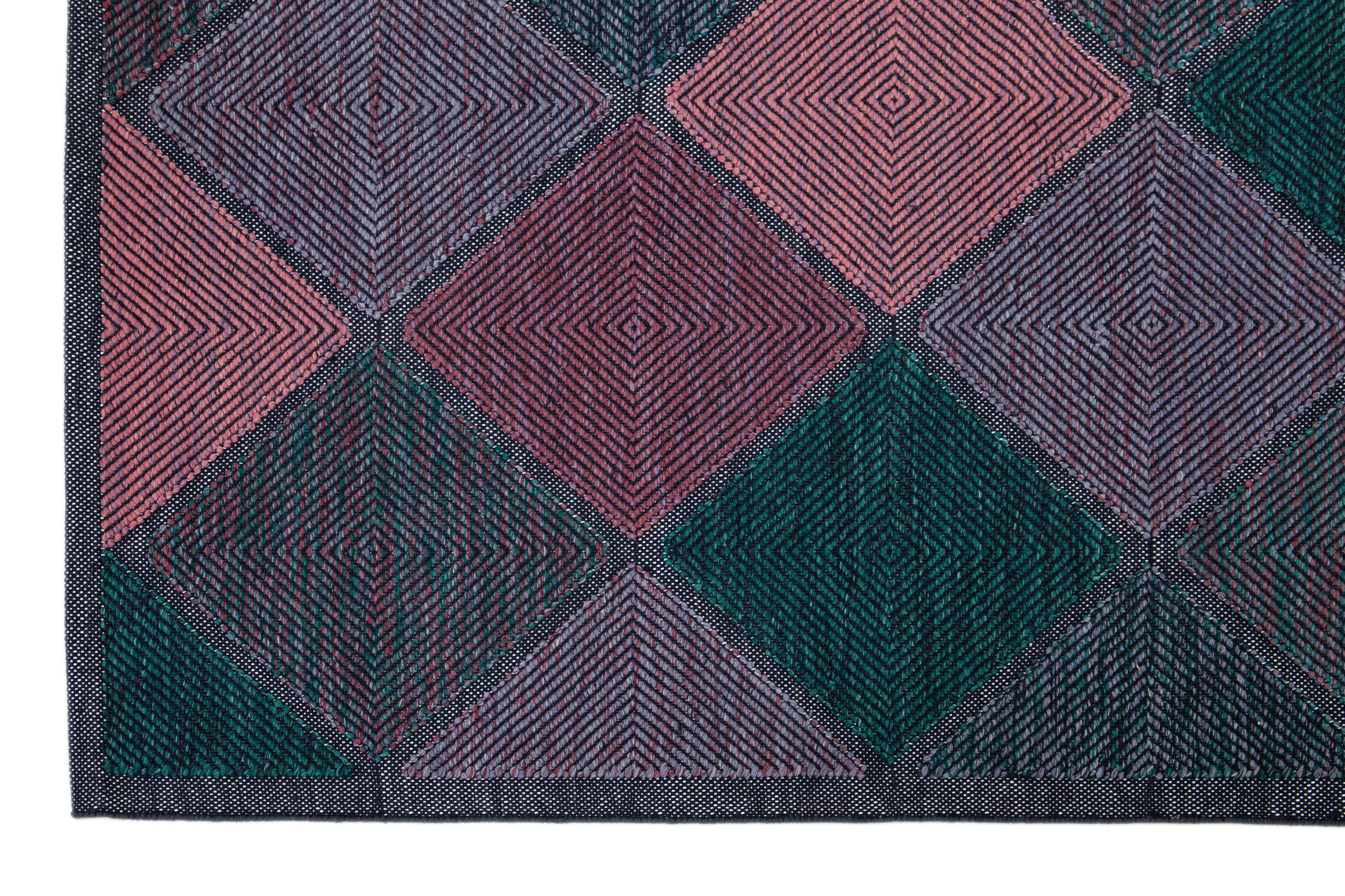 Geometric Modern Swedish Style Room Size Wool Rug In Green and Pink For Sale 1