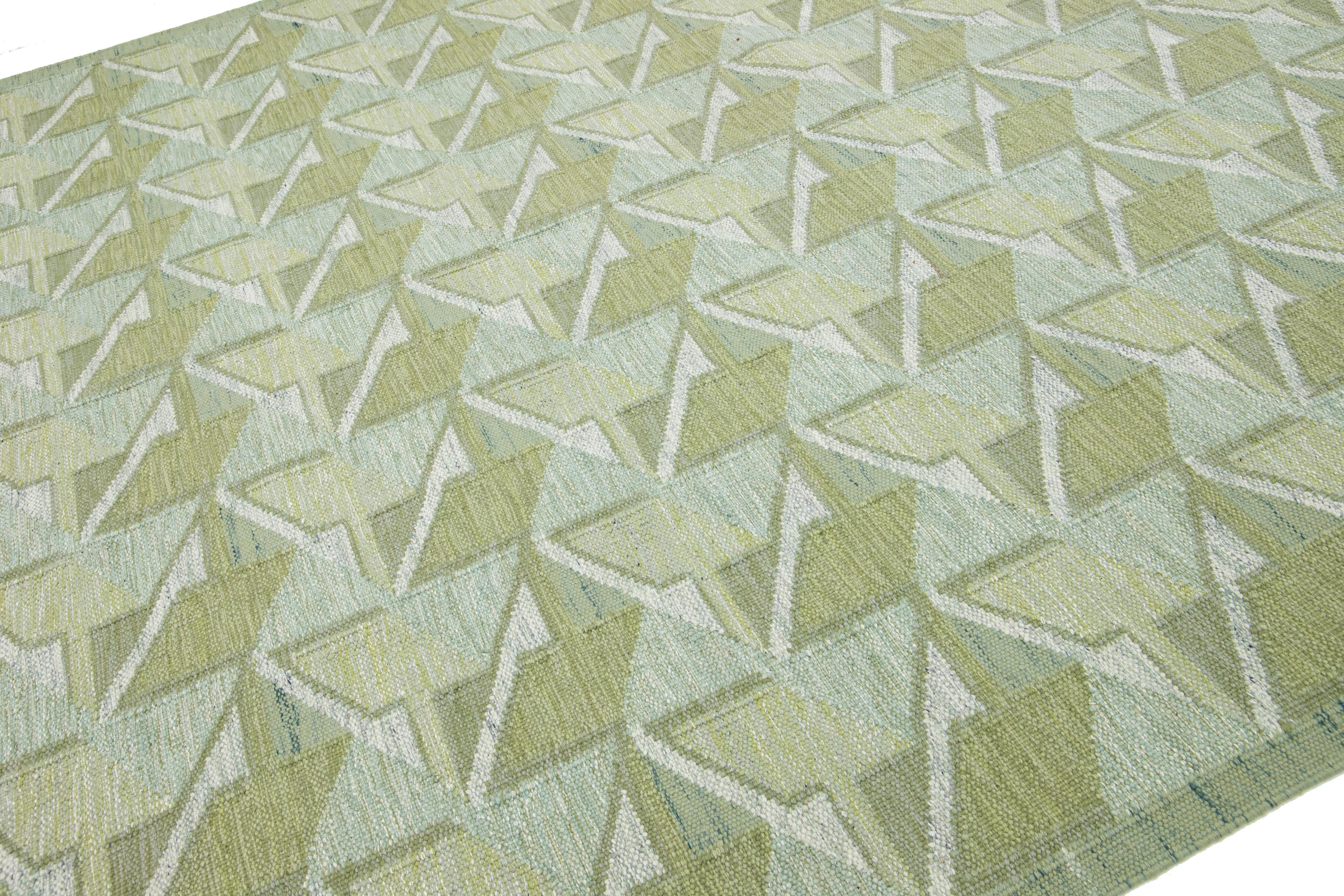 Scandinavian Modern Geometric Modern Swedish Style Room Size Wool Rug In Green  For Sale