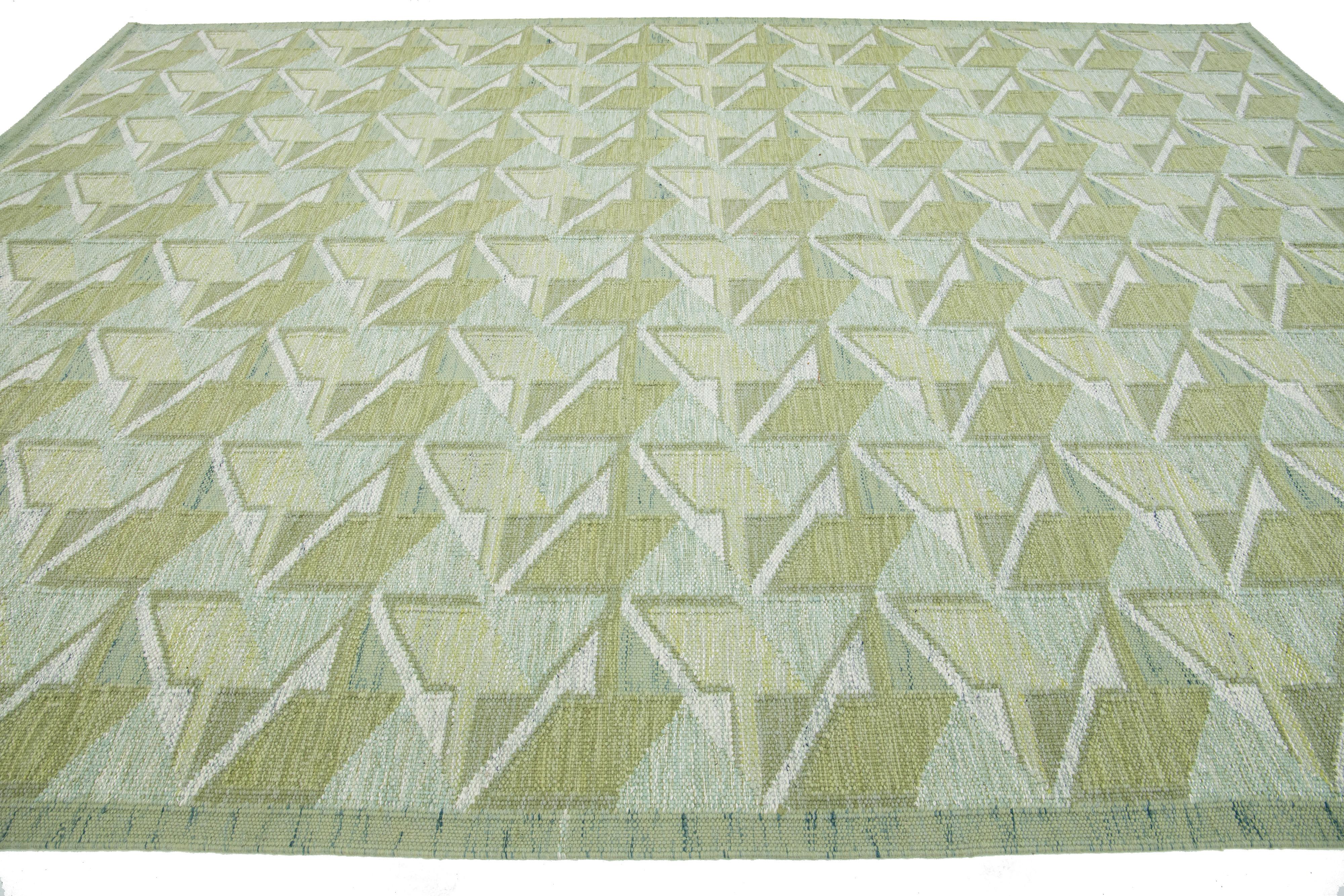 Indian Geometric Modern Swedish Style Room Size Wool Rug In Green  For Sale