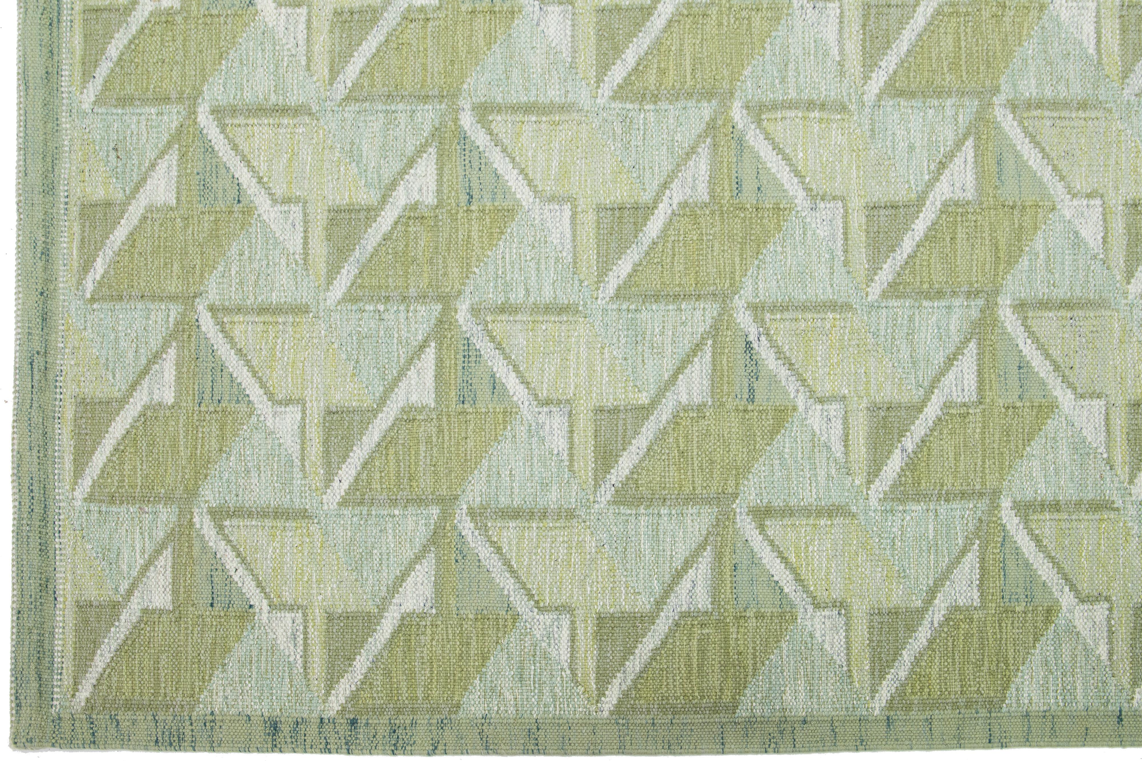 Hand-Knotted Geometric Modern Swedish Style Room Size Wool Rug In Green  For Sale