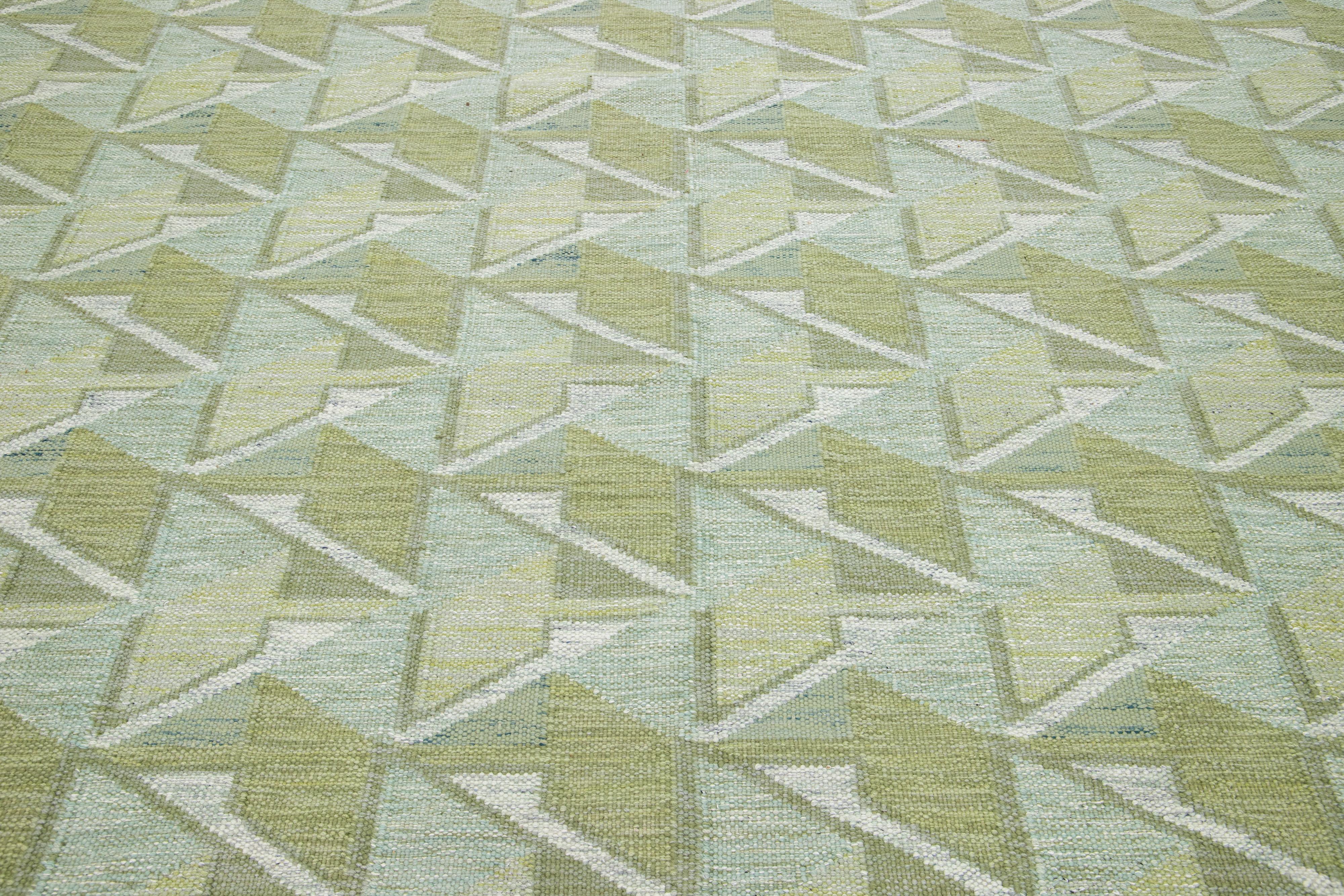 Geometric Modern Swedish Style Room Size Wool Rug In Green  In New Condition For Sale In Norwalk, CT