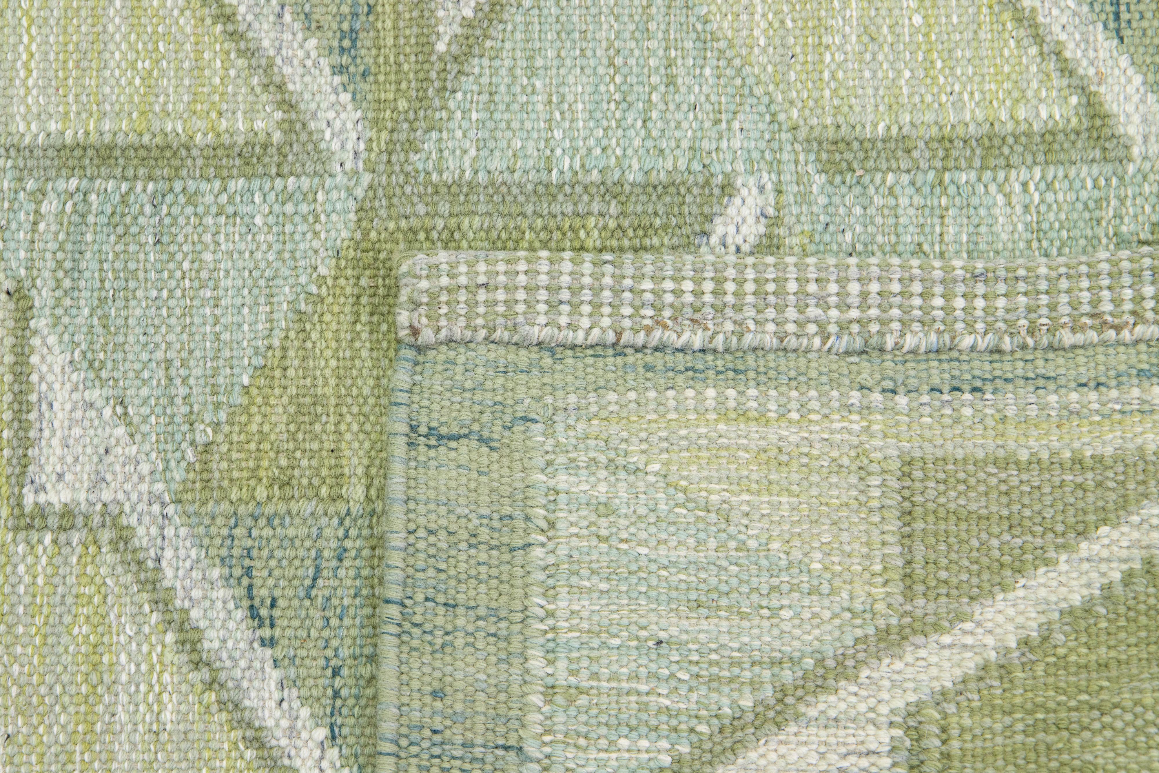 Geometric Modern Swedish Style Room Size Wool Rug In Green  For Sale 1