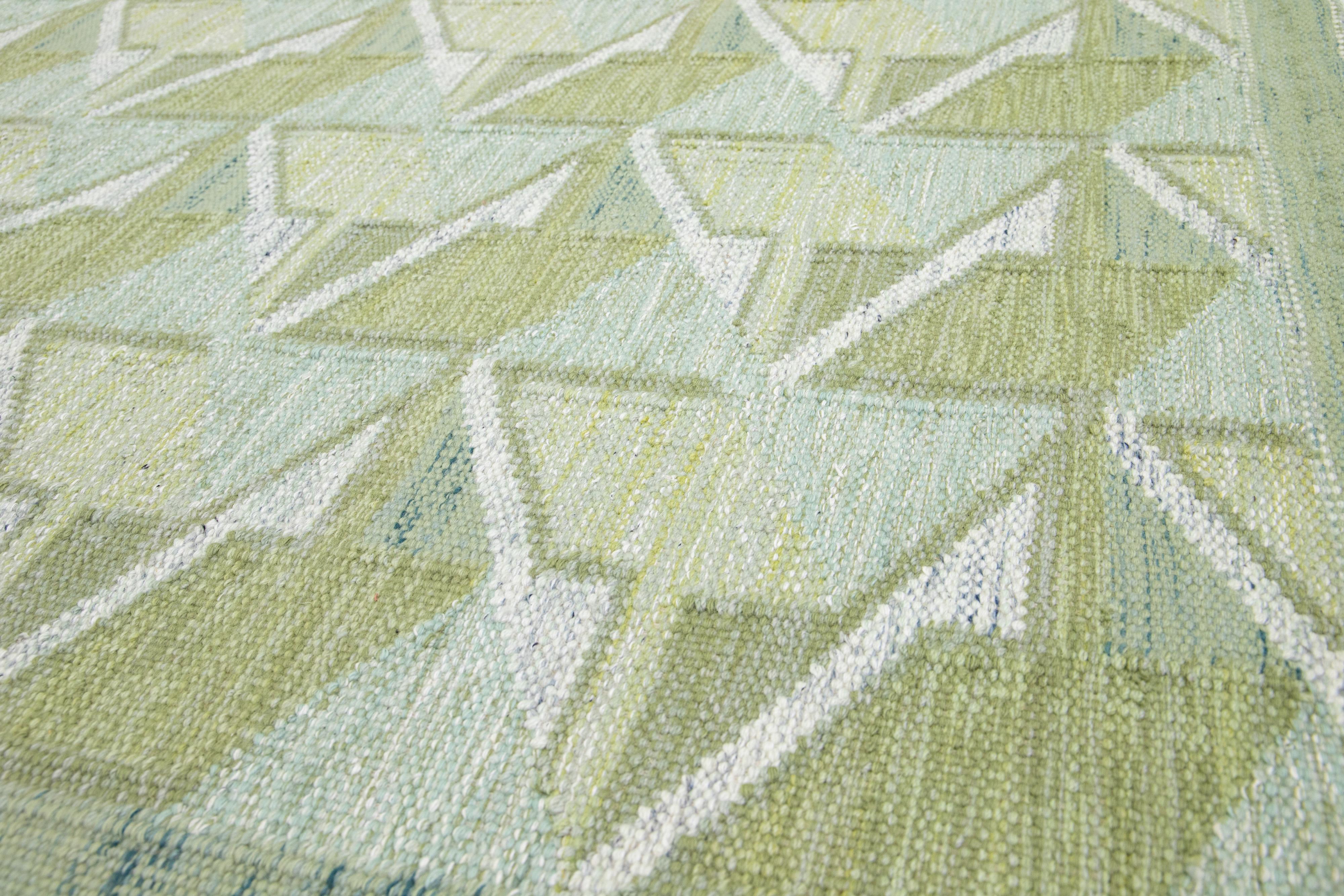 Geometric Modern Swedish Style Room Size Wool Rug In Green  For Sale 2