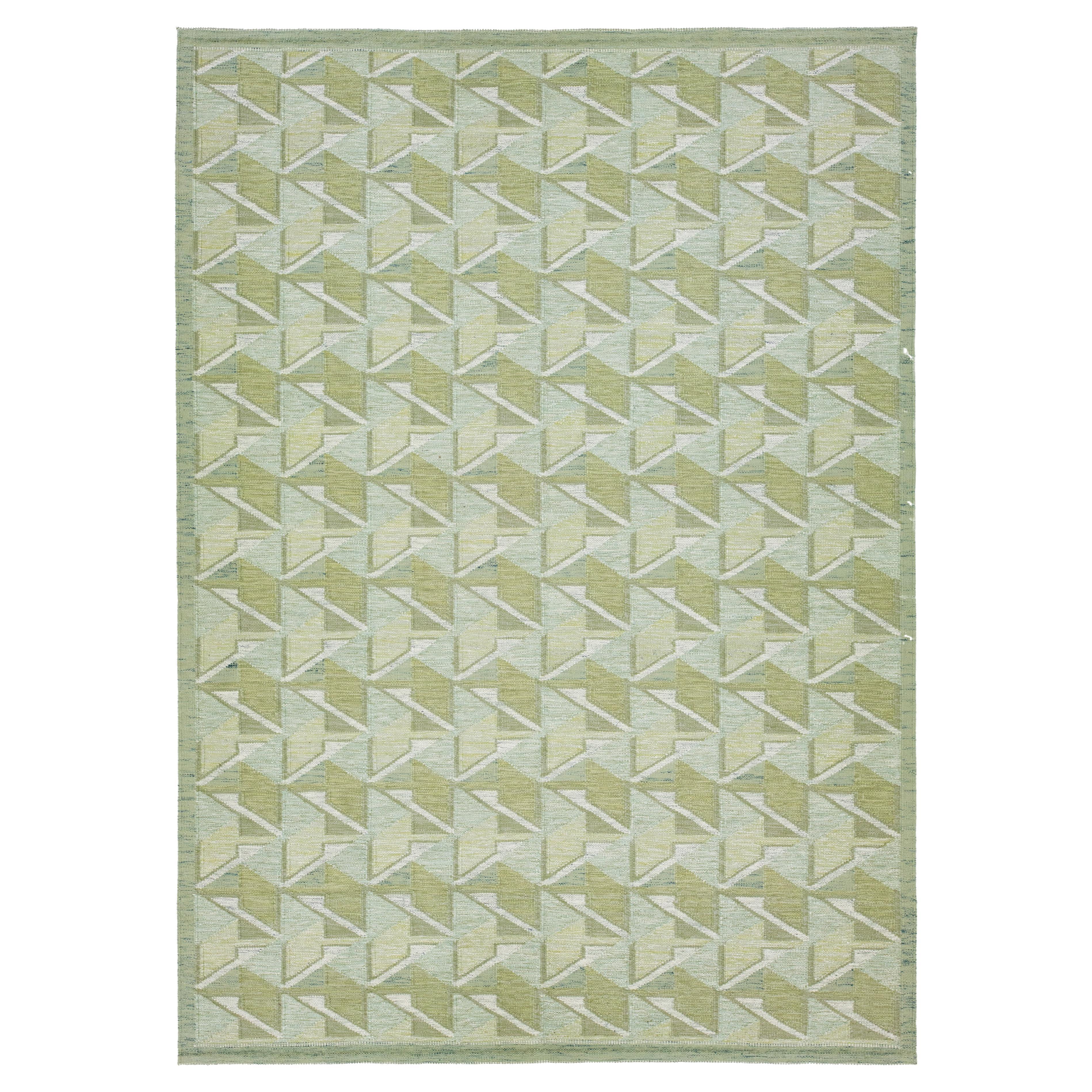 Geometric Modern Swedish Style Room Size Wool Rug In Green  For Sale