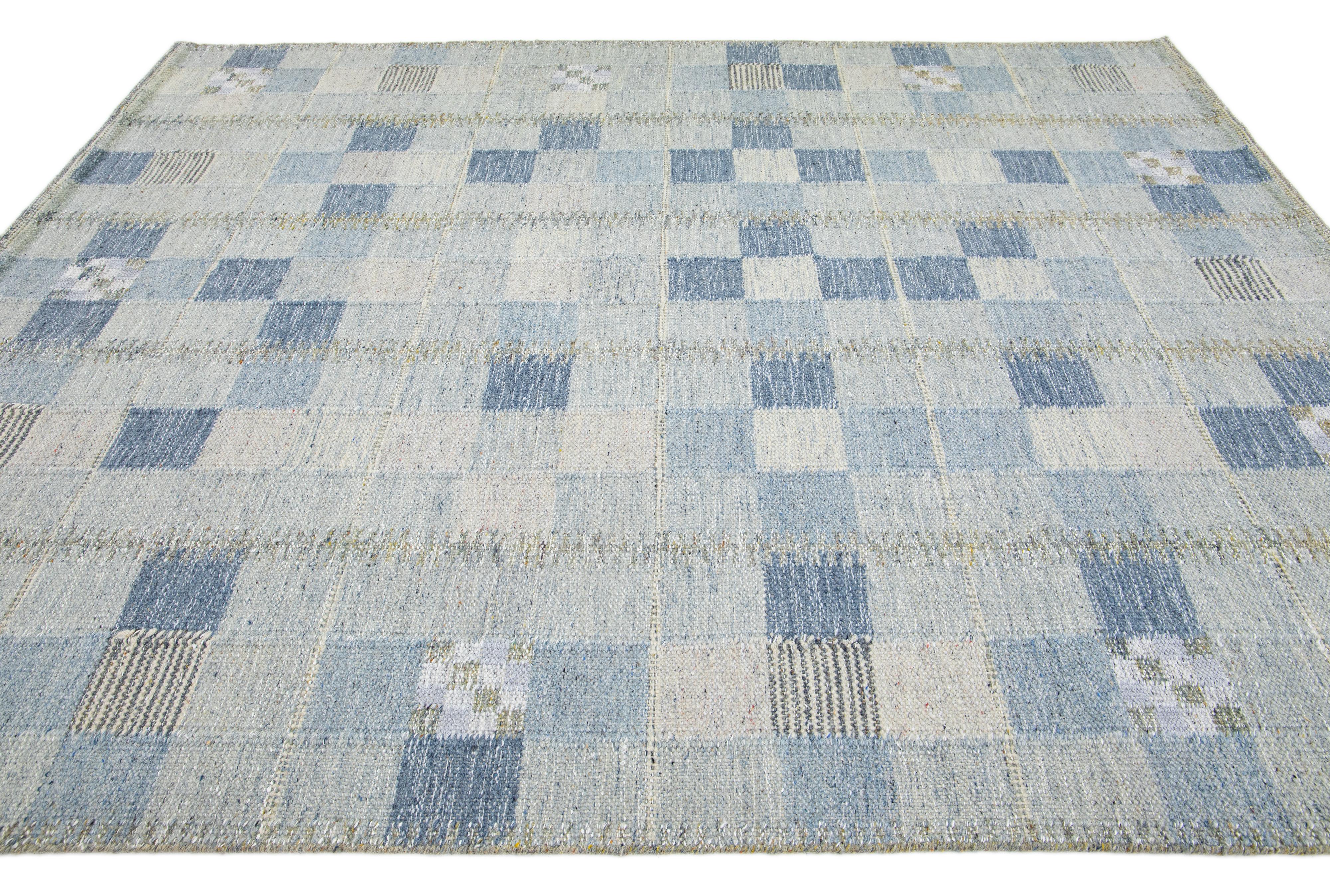 Indian Geometric Modern Swedish Style Wool Rug In Gray And Blue  For Sale