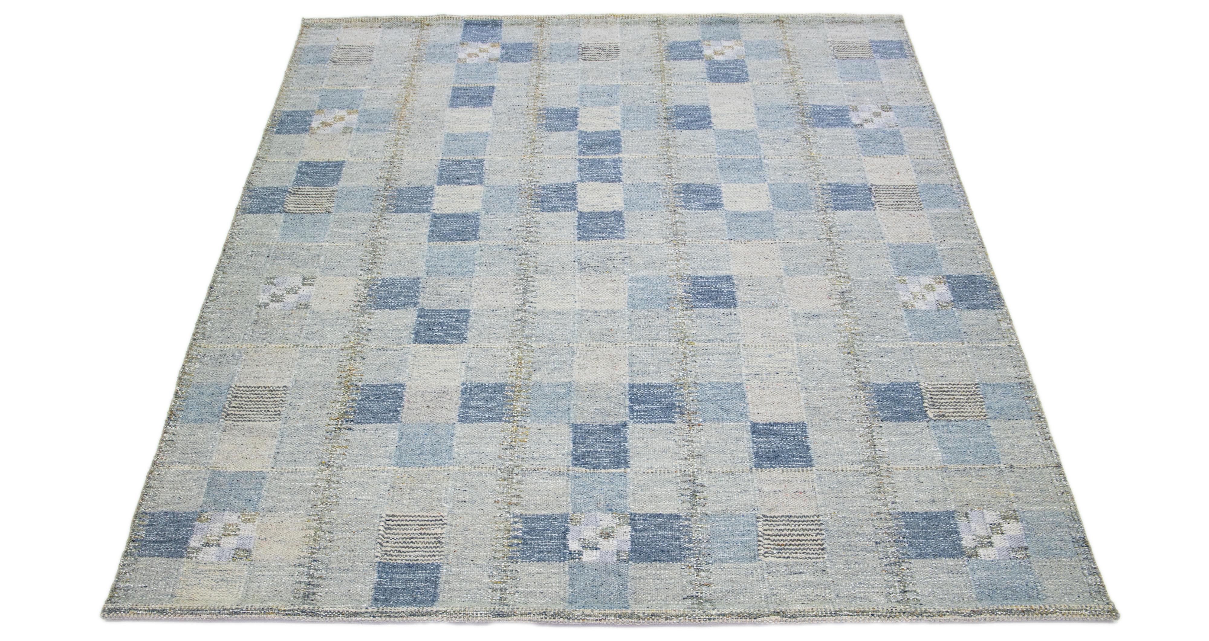 Geometric Modern Swedish Style Wool Rug In Gray And Blue  In New Condition For Sale In Norwalk, CT