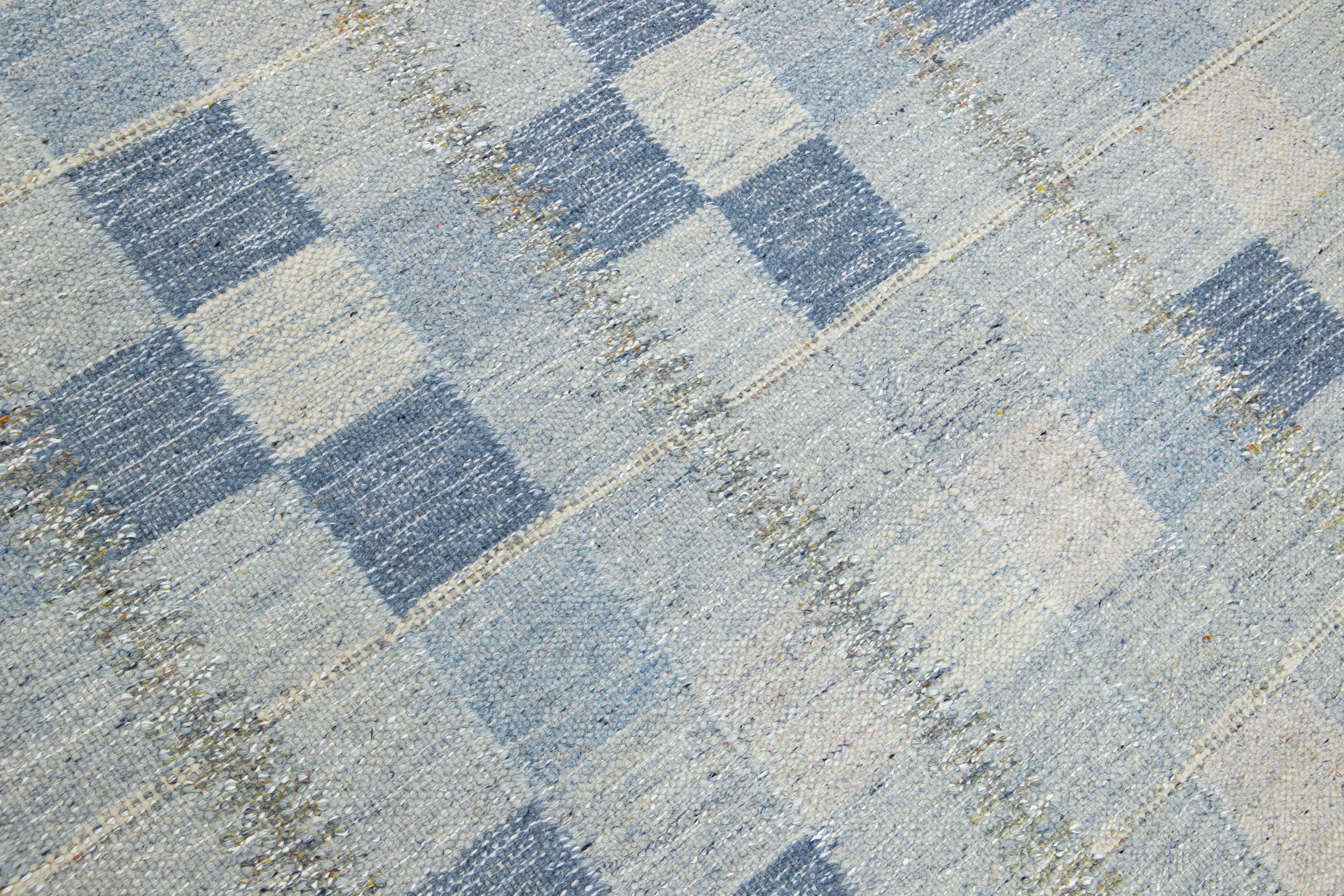 Contemporary Geometric Modern Swedish Style Wool Rug In Gray And Blue  For Sale