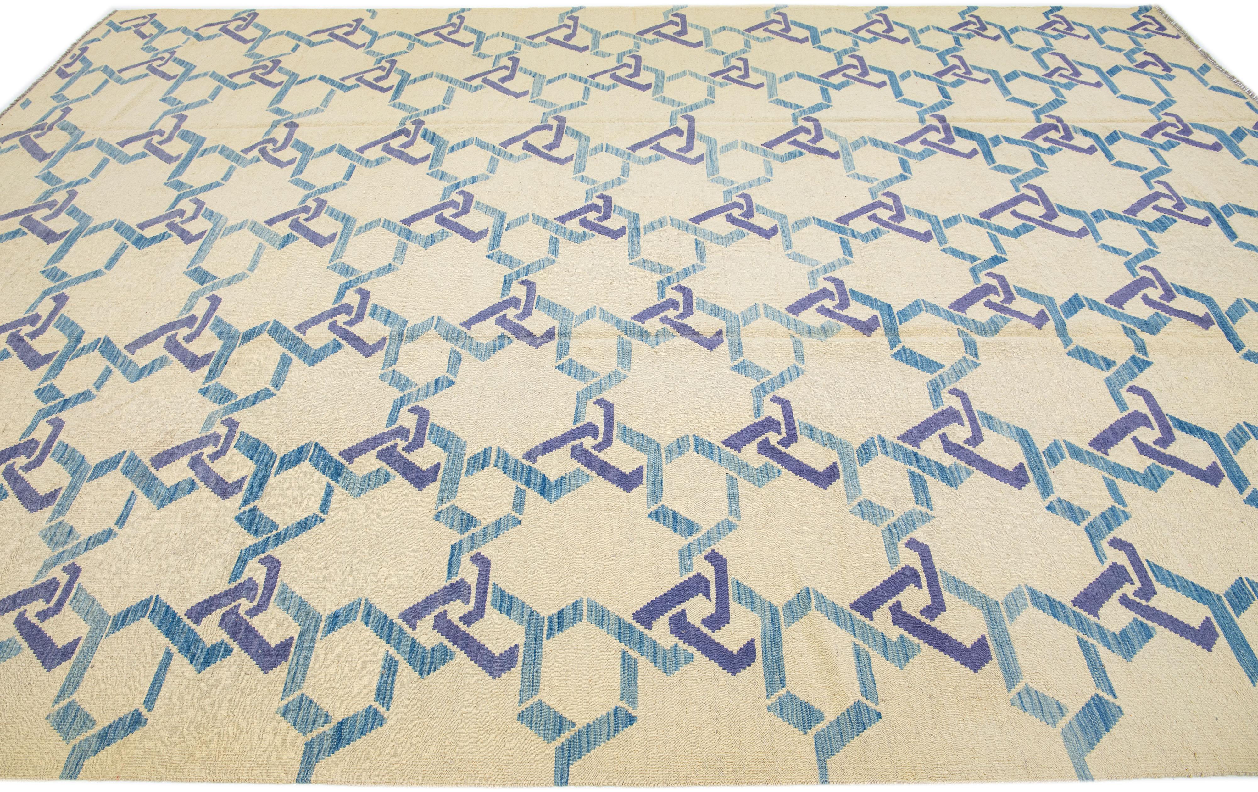 Geometric Modern Turkish Kilim Wool Rug Flatweave in Beige & Blue In New Condition For Sale In Norwalk, CT