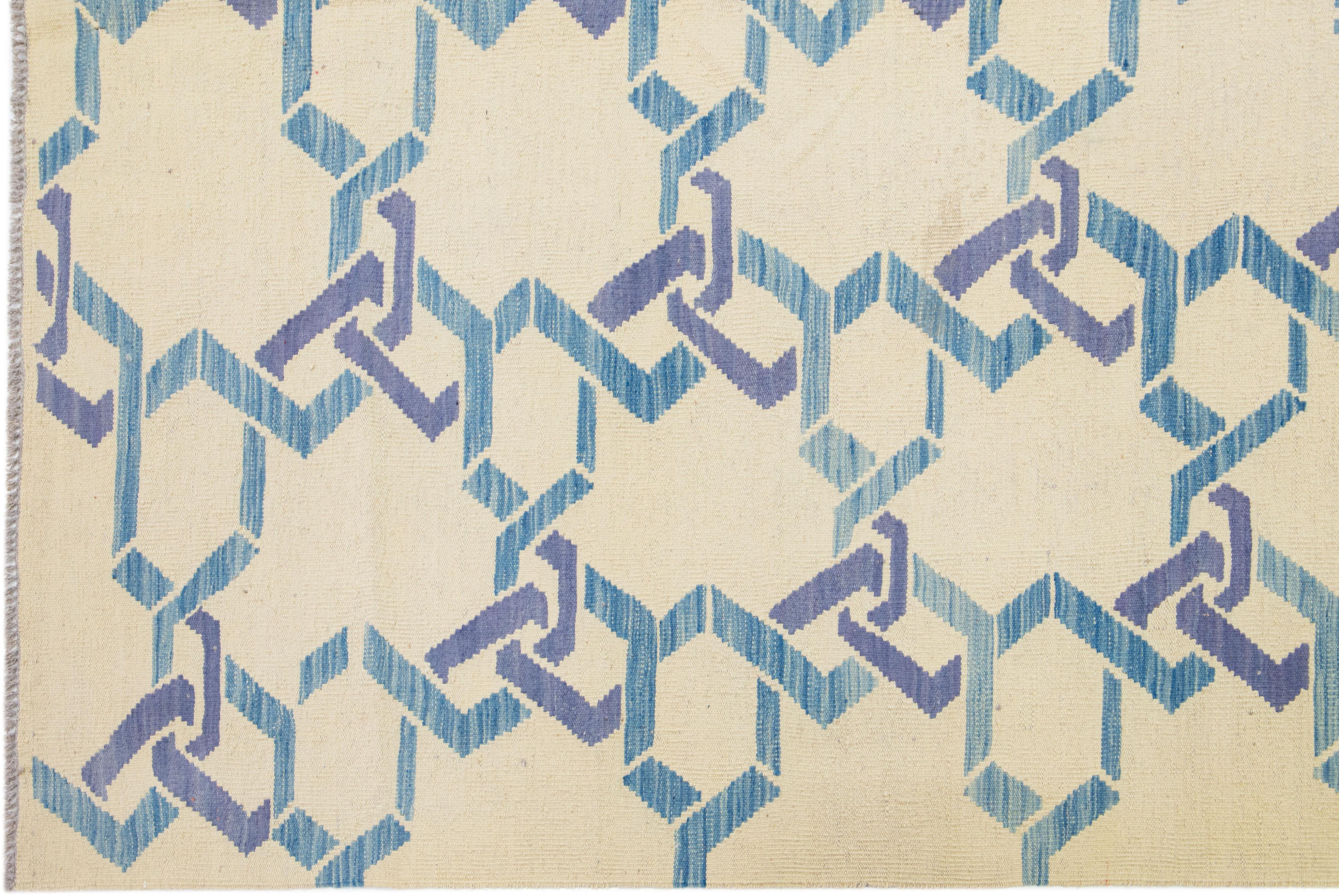 Contemporary Geometric Modern Turkish Kilim Wool Rug Flatweave in Beige & Blue For Sale