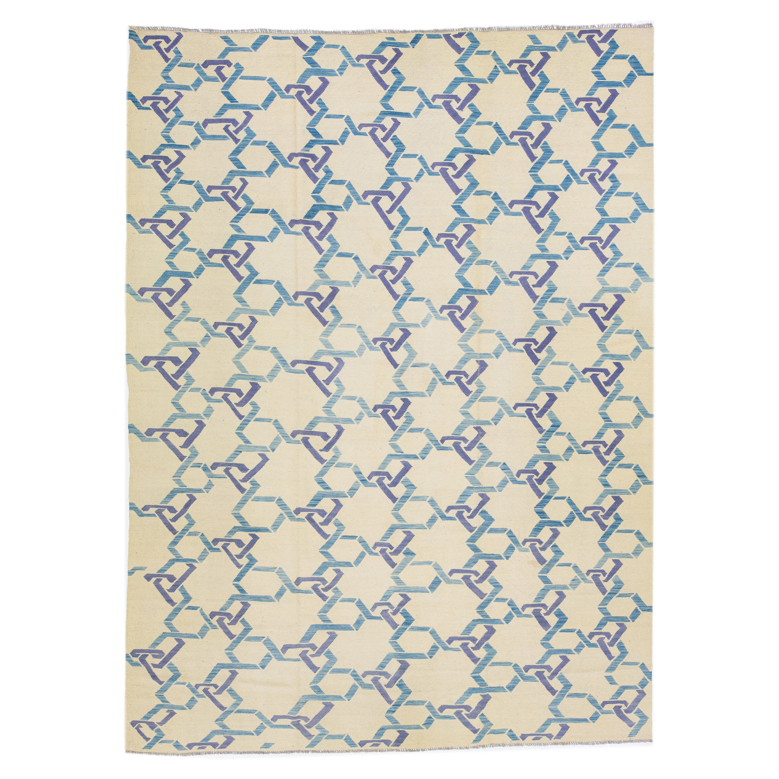 Tappeto moderno geometrico in lana Kilim turca a trama piatta in beige e blu