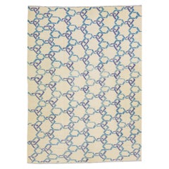 Tappeto moderno geometrico in lana Kilim turca a trama piatta in beige e blu