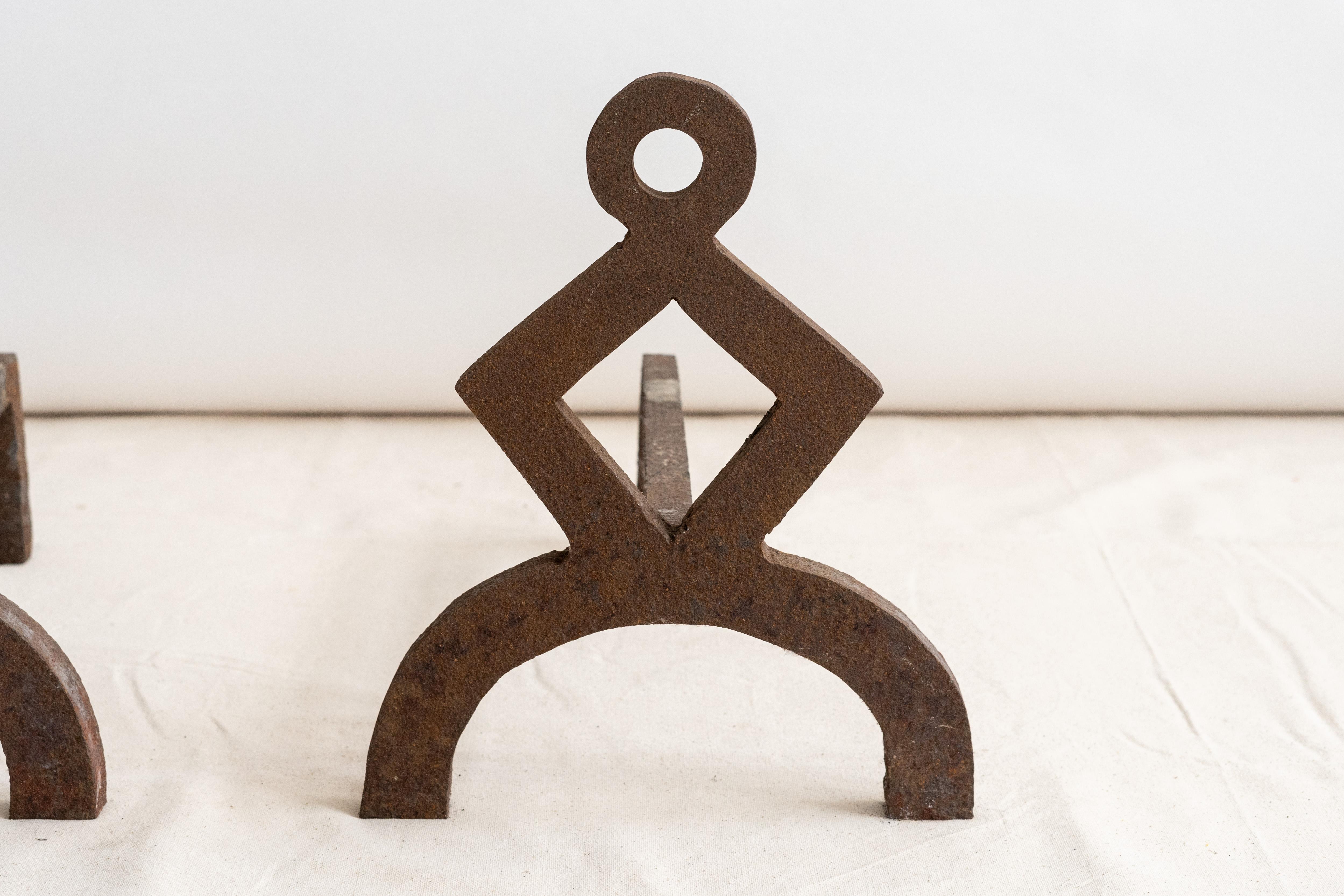 American Geometric Modernist Iron Andirons For Sale