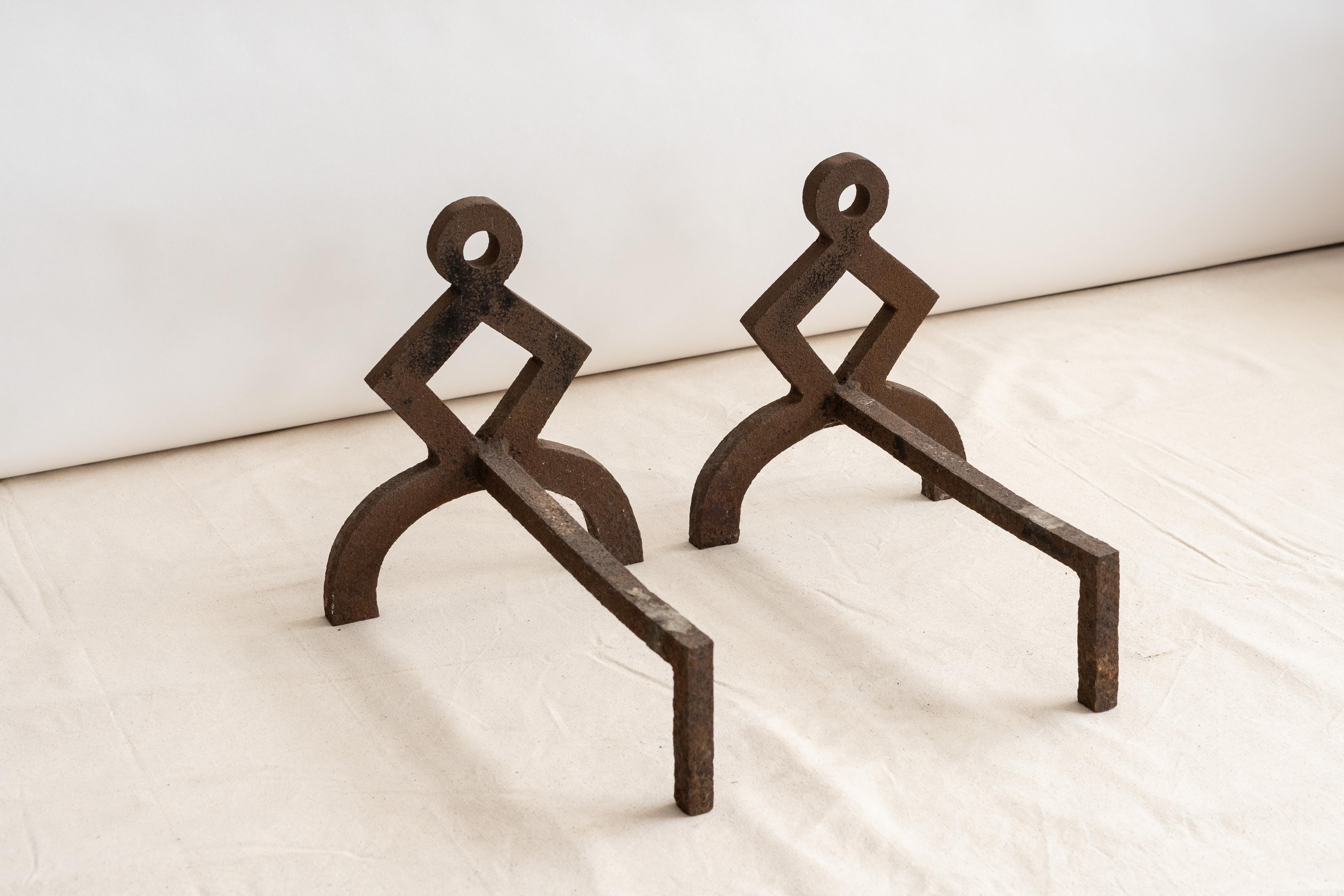 Geometric Modernist Iron Andirons For Sale 1