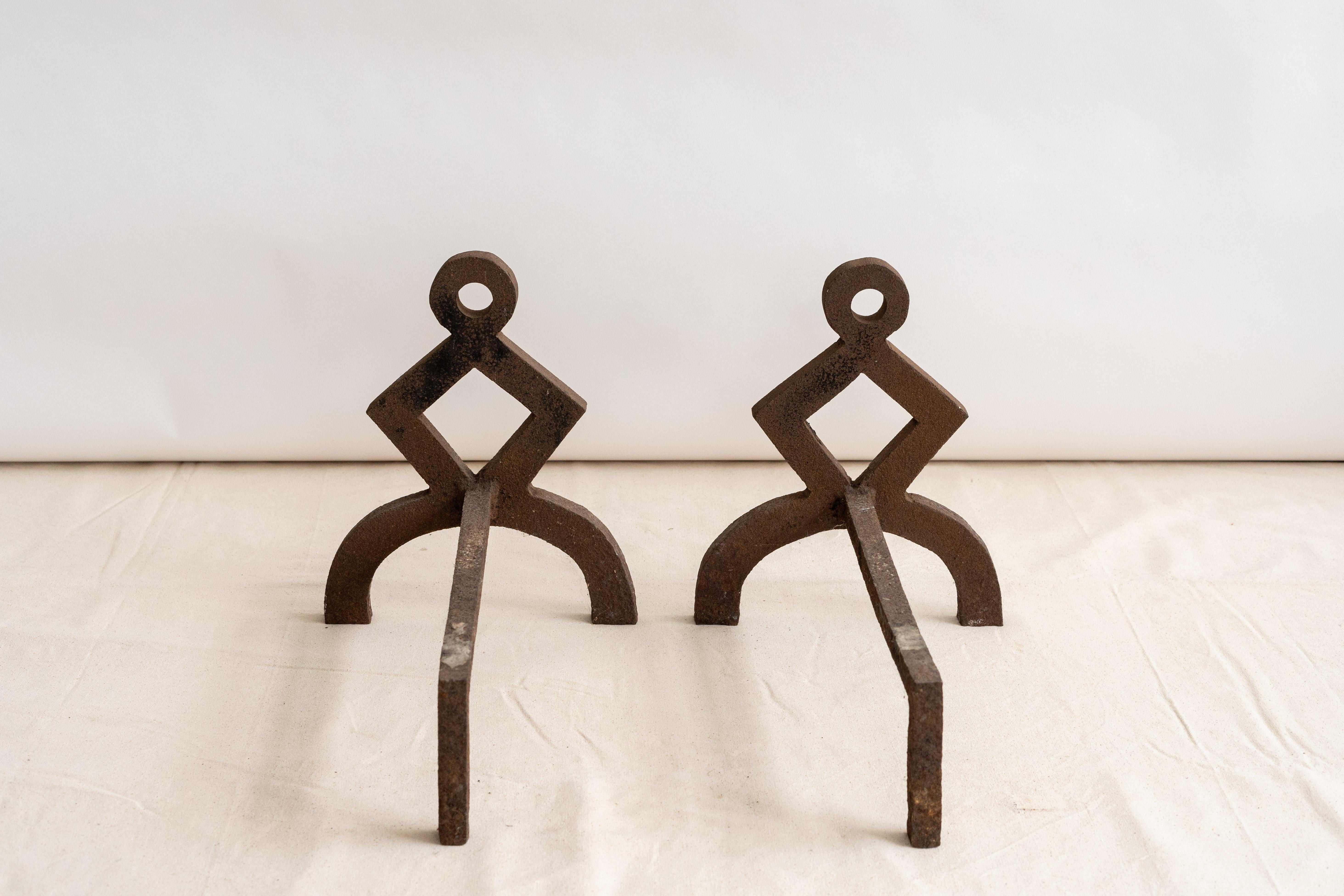 Geometric Modernist Iron Andirons For Sale 2