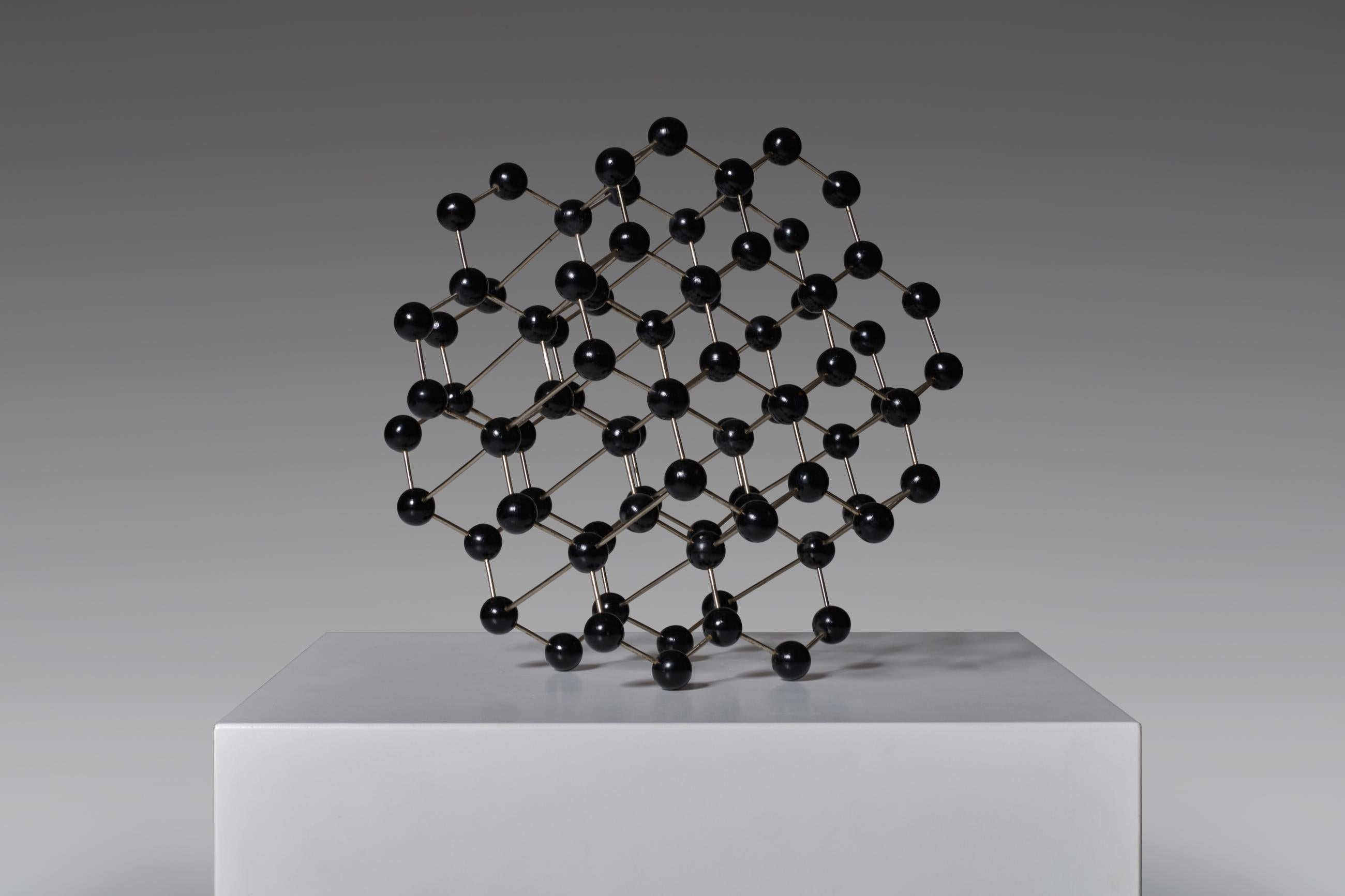 Decorative three dimensional polygonal molecule object, 1960s. Beautiful geometric shapes constructed out of wooden balls and chromed metal pins. Very decorative object, for the second one see other listing. In good original condition.
