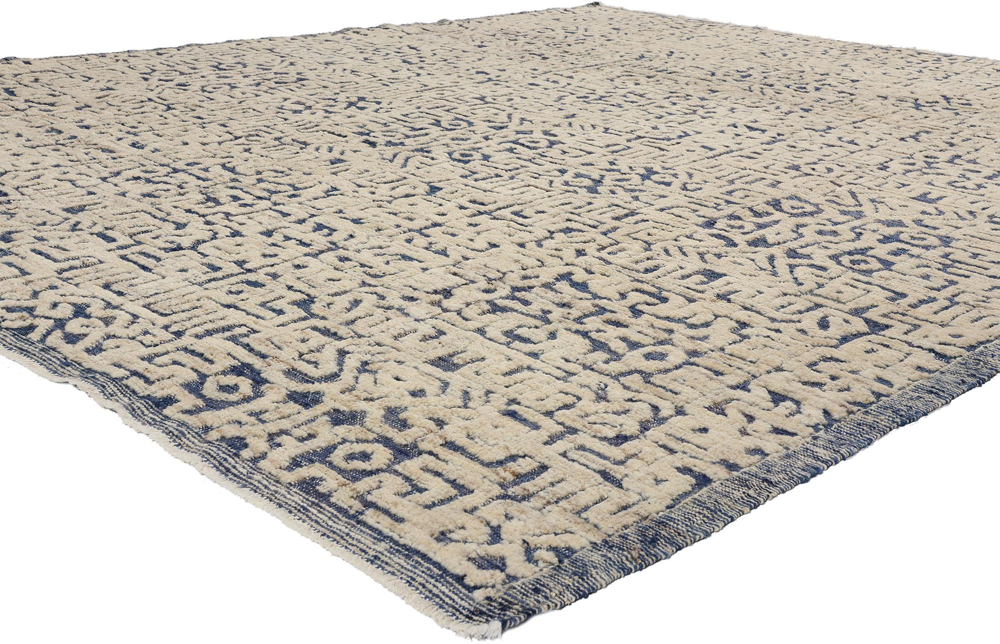 81055 Modern Geometric Moroccan High-Low Rug, 08'02 x 09'11. Introducing a mesmerizing fusion of cultural heritage and artisanal craftsmanship, this Moroccan high-low wool pile rug unveils an exquisite tableau of design influences. Drawing