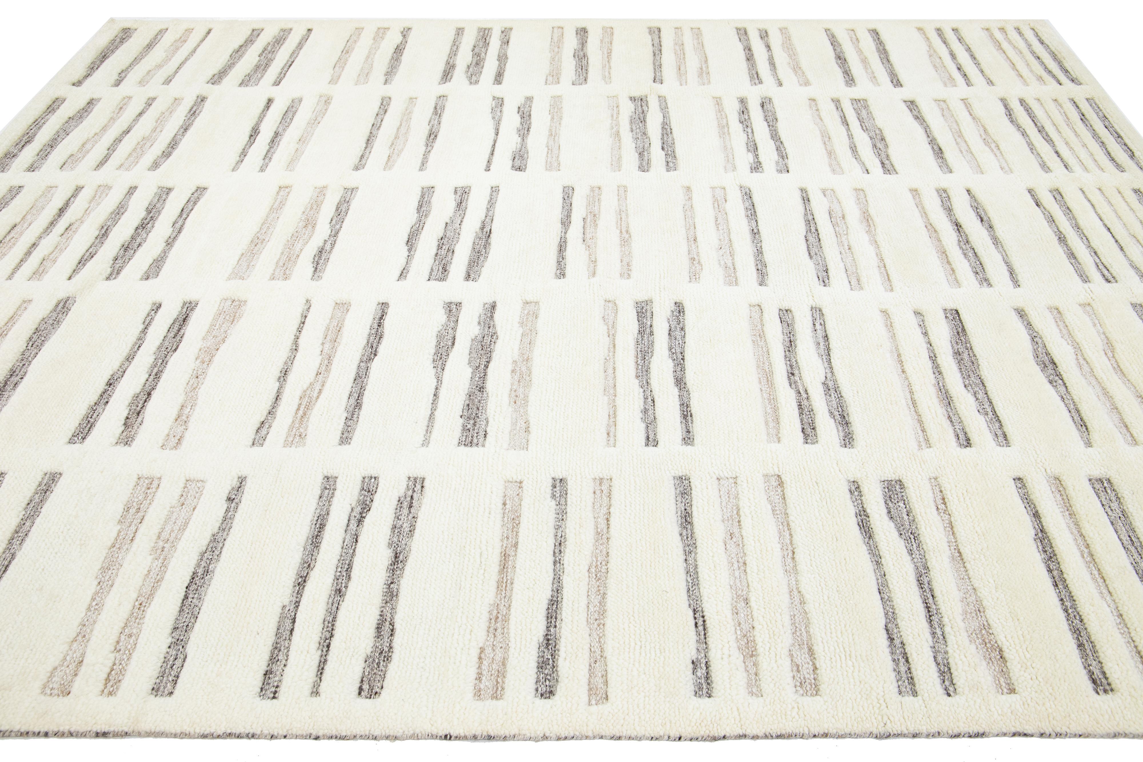 Hand-Knotted Geometric Moroccan-Style Wool Rug Handmade In Ivory Color By Apadana For Sale