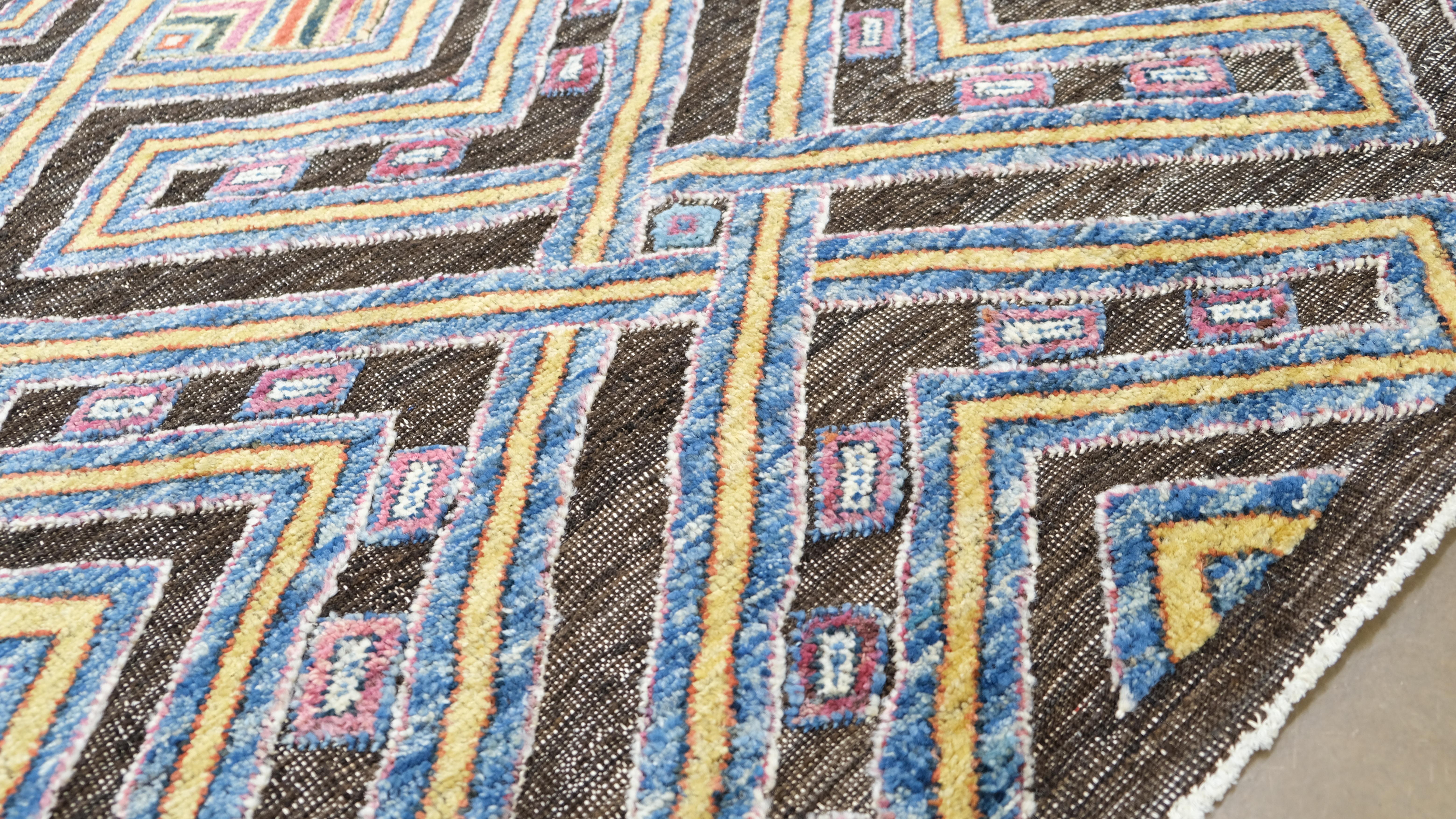 Tappeto geometrico multicolore su base marrone in lana 9'2''x11'10'' In condizioni Nuovo in vendita a Torrance, CA