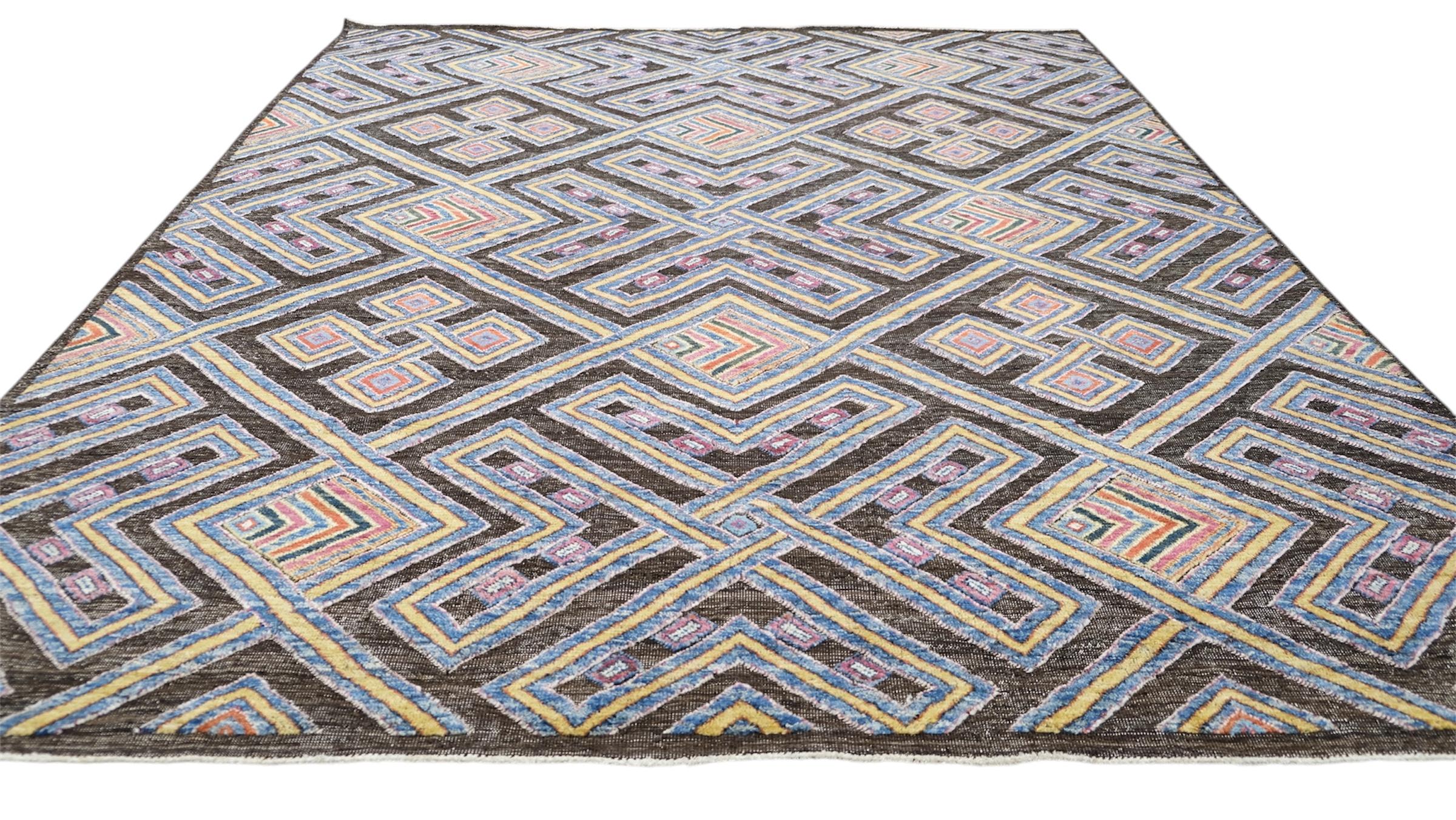Lana Tappeto geometrico multicolore su base marrone in lana 9'2''x11'10'' in vendita