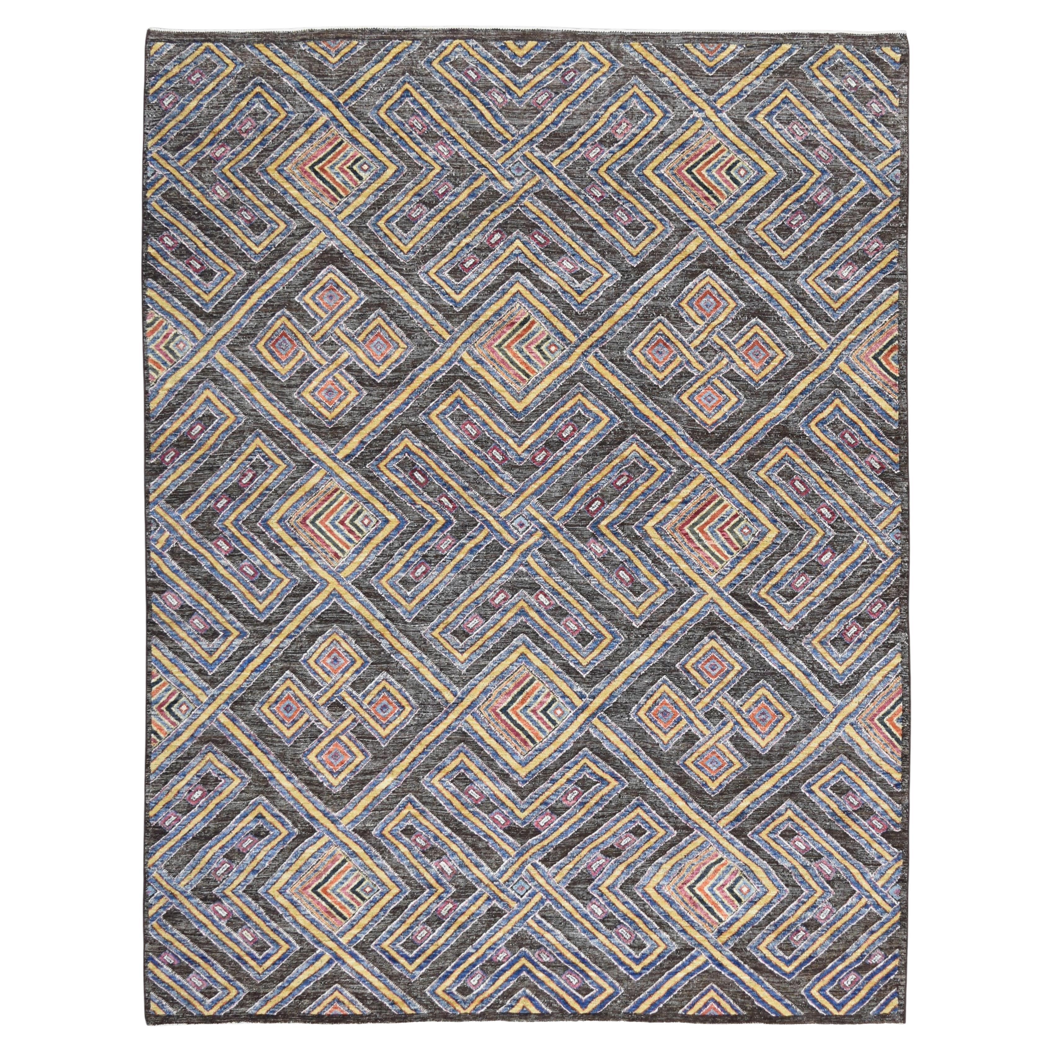 Tappeto geometrico multicolore su base marrone in lana 9'2''x11'10'' in vendita