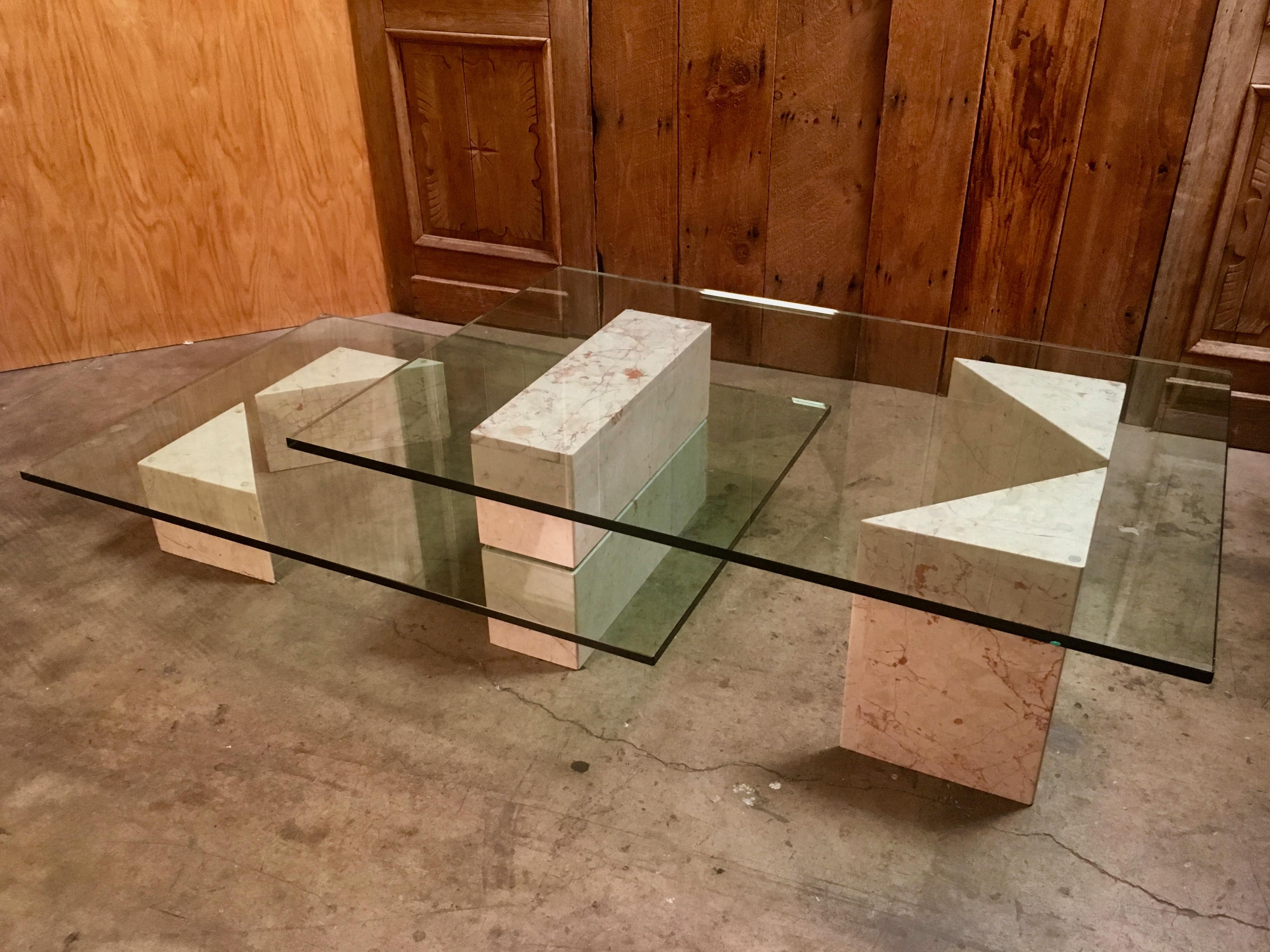 Geometric Multi-Level Marble and Glass Coffee Table  3