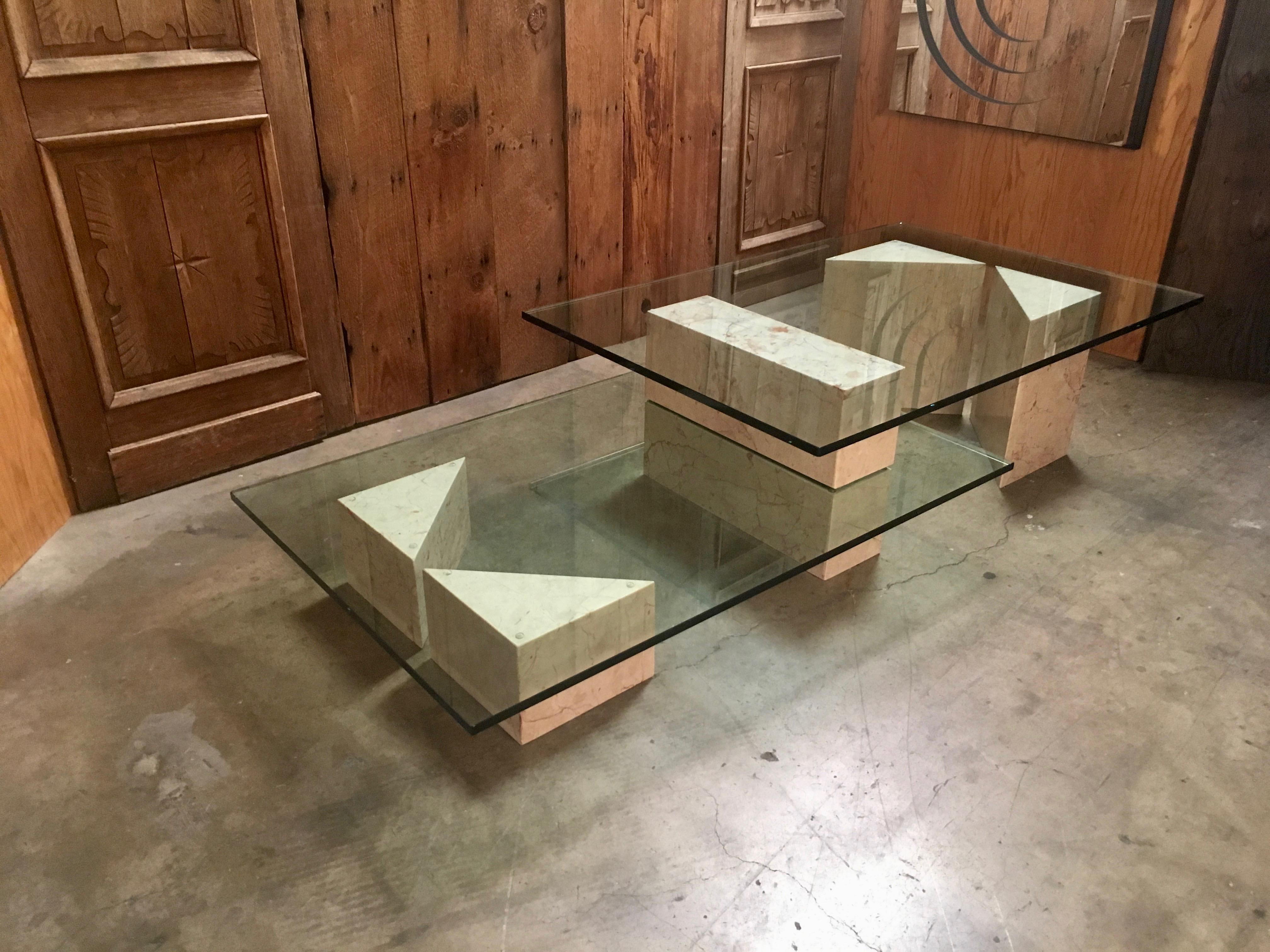 Geometric Multi-Level Marble and Glass Coffee Table  4