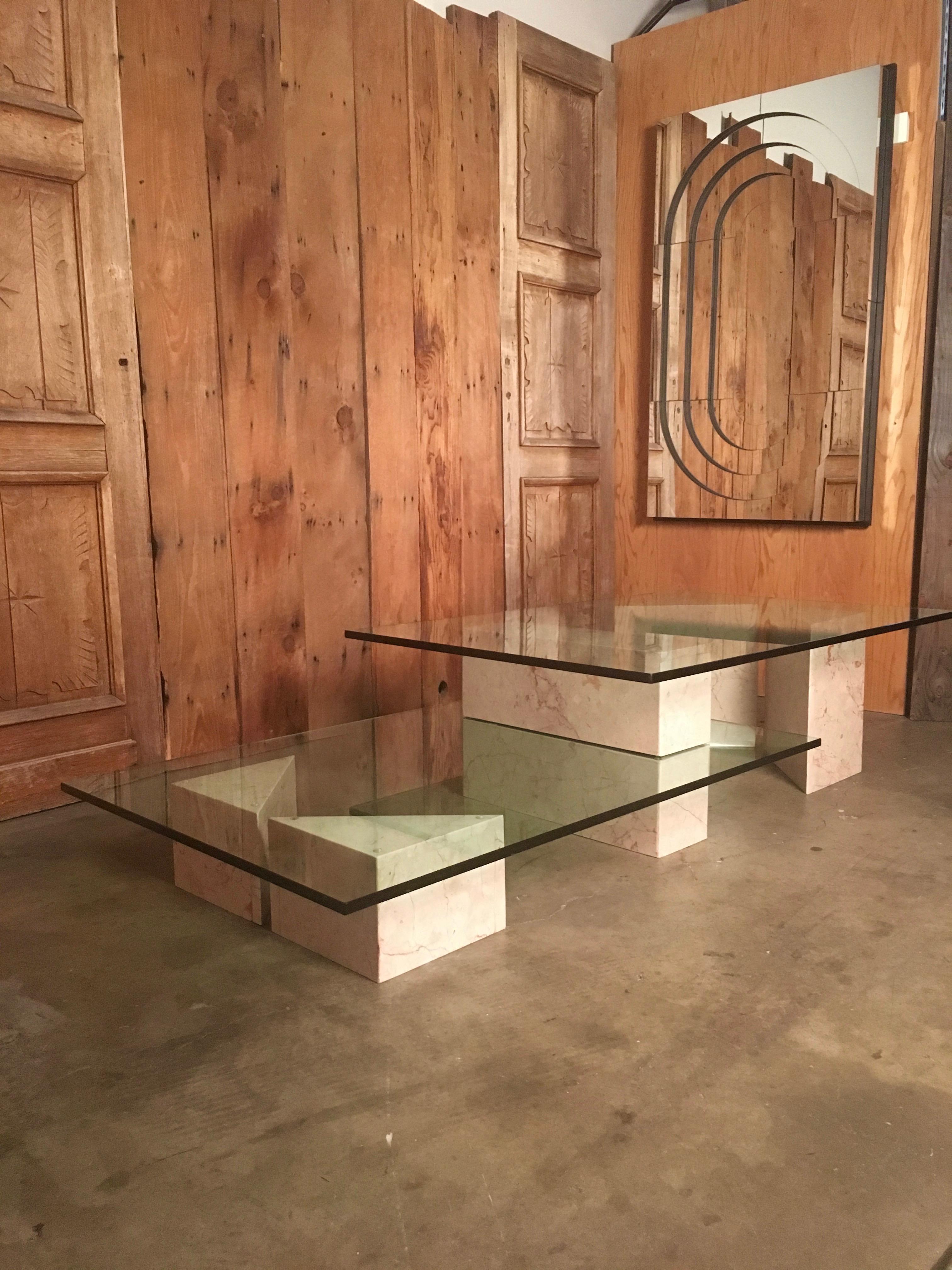 Geometric Multi-Level Marble and Glass Coffee Table  5