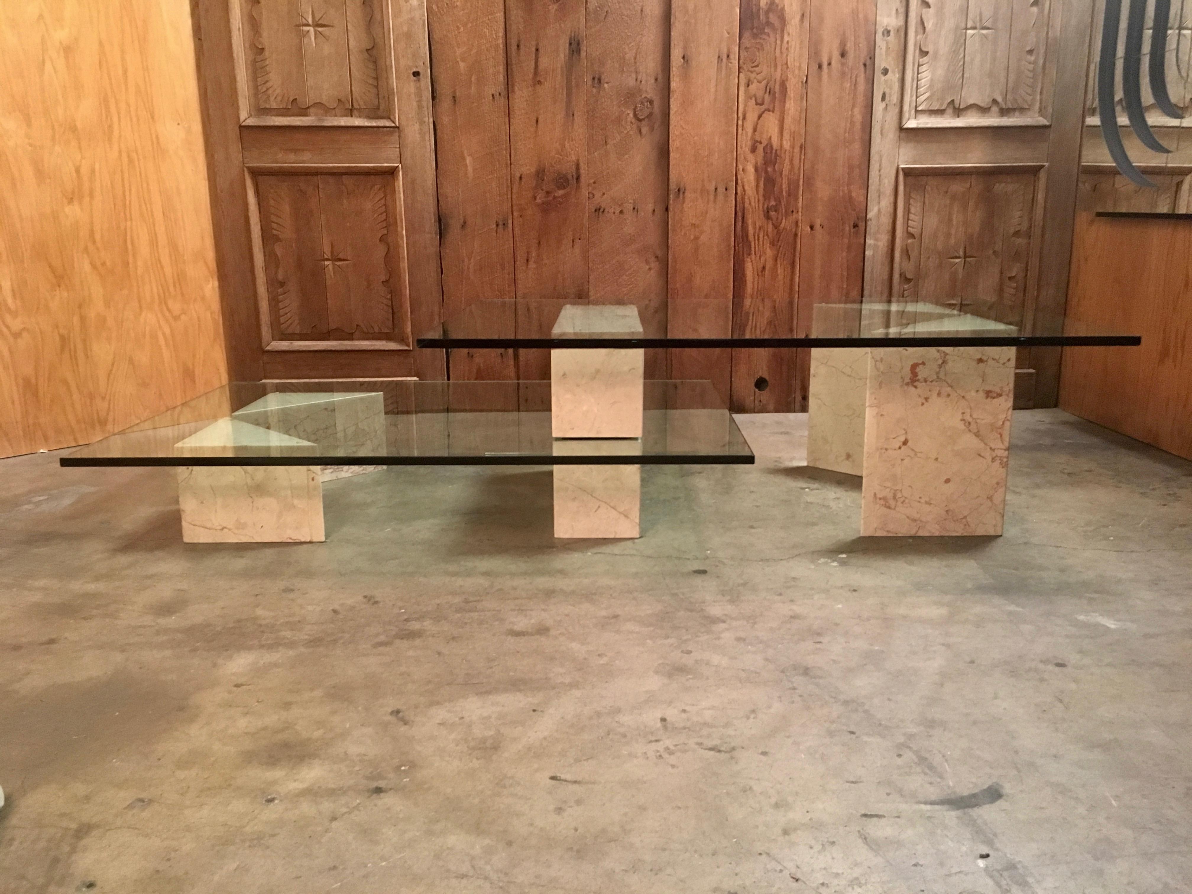 Modern Geometric Multi-Level Marble and Glass Coffee Table 