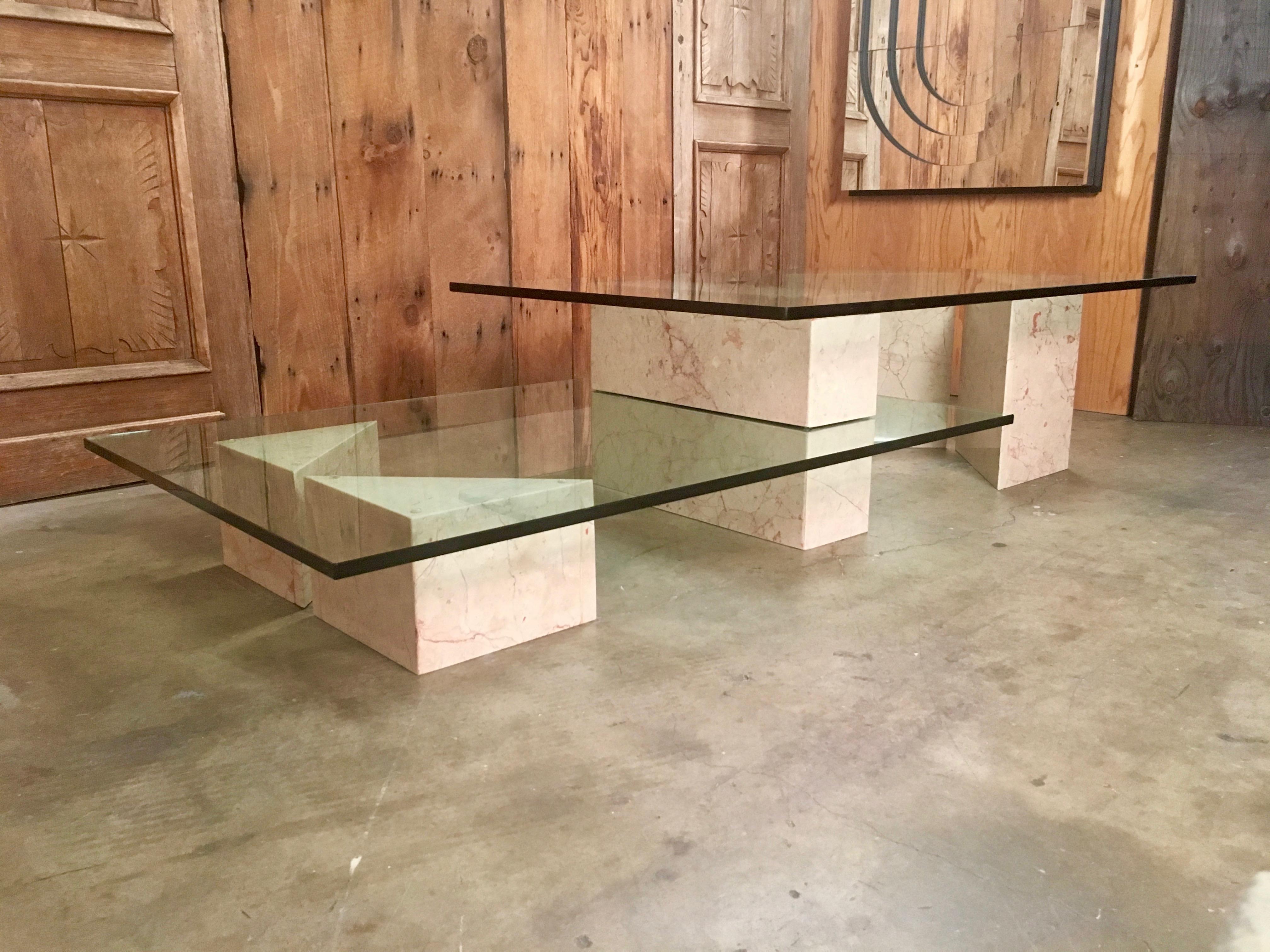 Geometric Multi-Level Marble and Glass Coffee Table  In Good Condition In Denton, TX