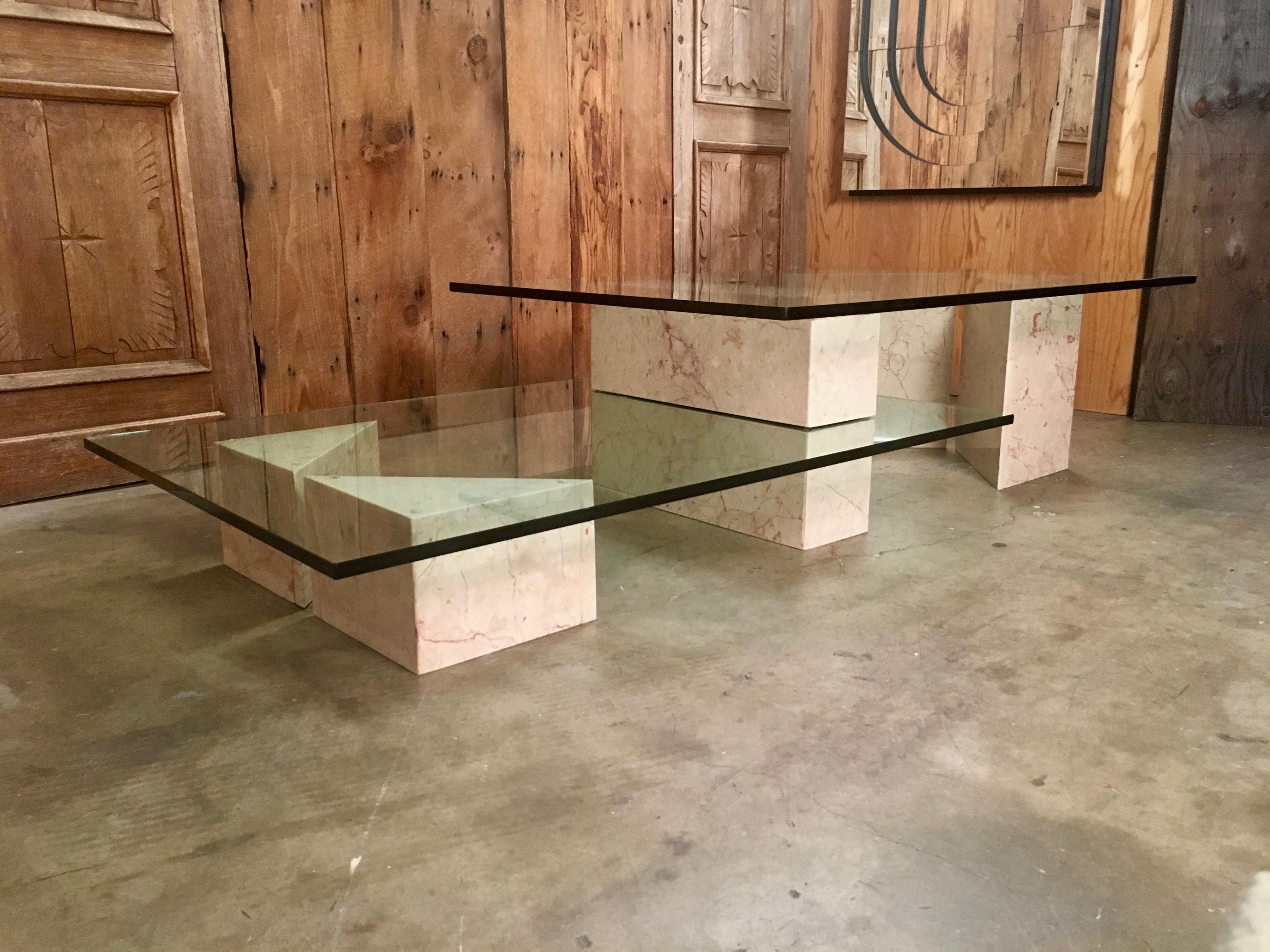 Geometric Multi-Level Marble and Glass Coffee Table  1