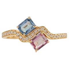 Geometric Multi Sapphire & Diamond Toi et Moi Wave Ring in 14K Yellow Gold