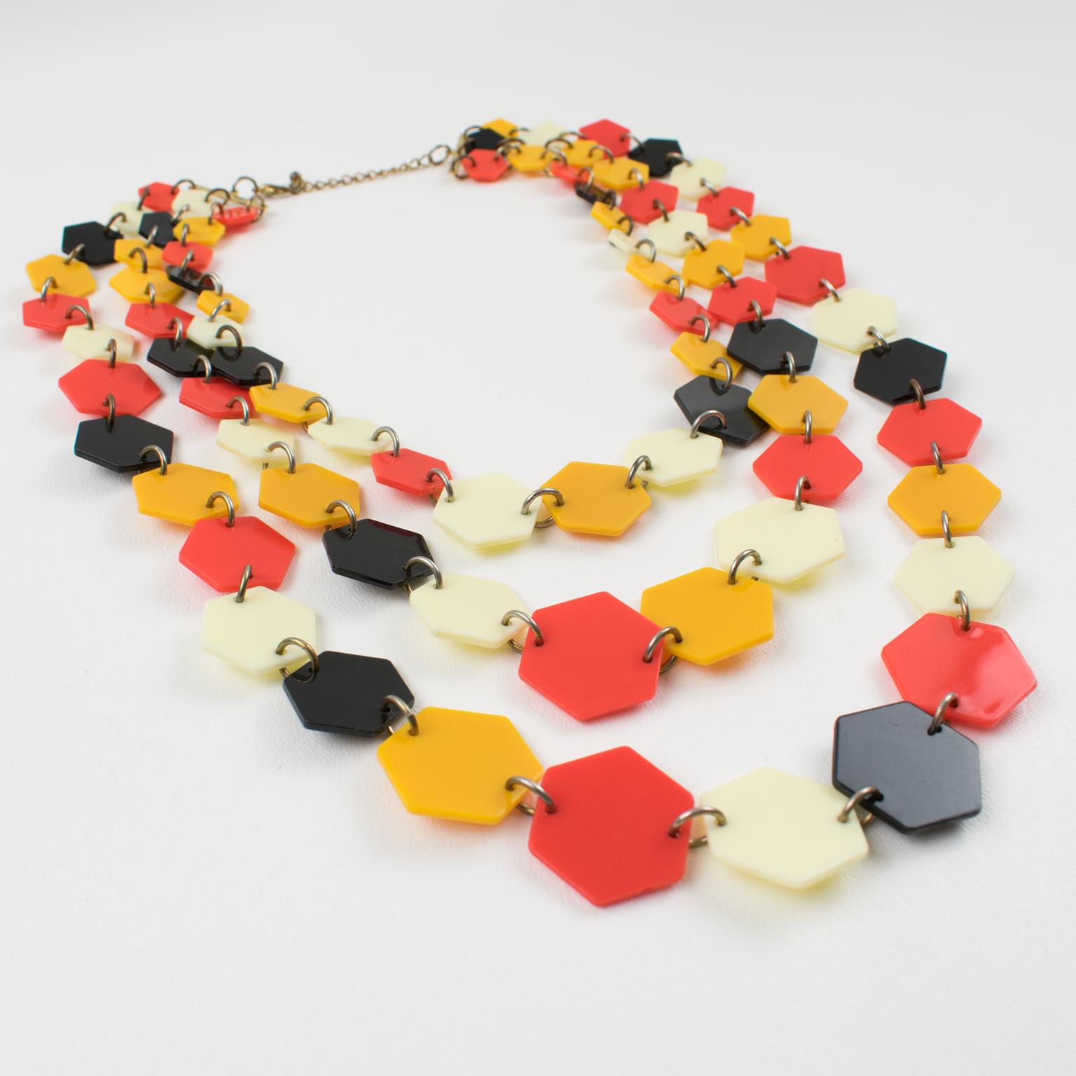 Women's or Men's Geometric Multi-Strand Orange, Black and White Lucite Necklace For Sale