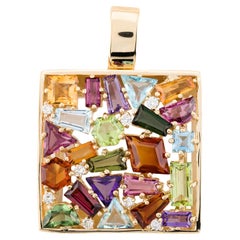 Geometric Multicolor Semi Precious Gemstone & Diamond Pendant in 18K Yellow Gold