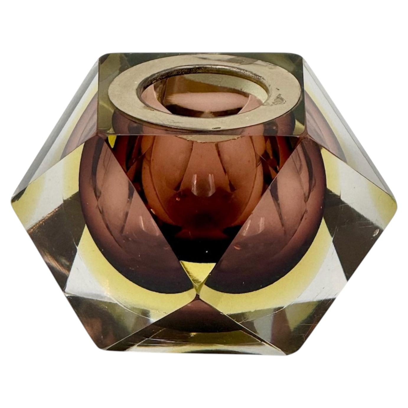 Geometric Murano Sommerso Glass Vase in Yellow Brown, Italy 1970s For Sale