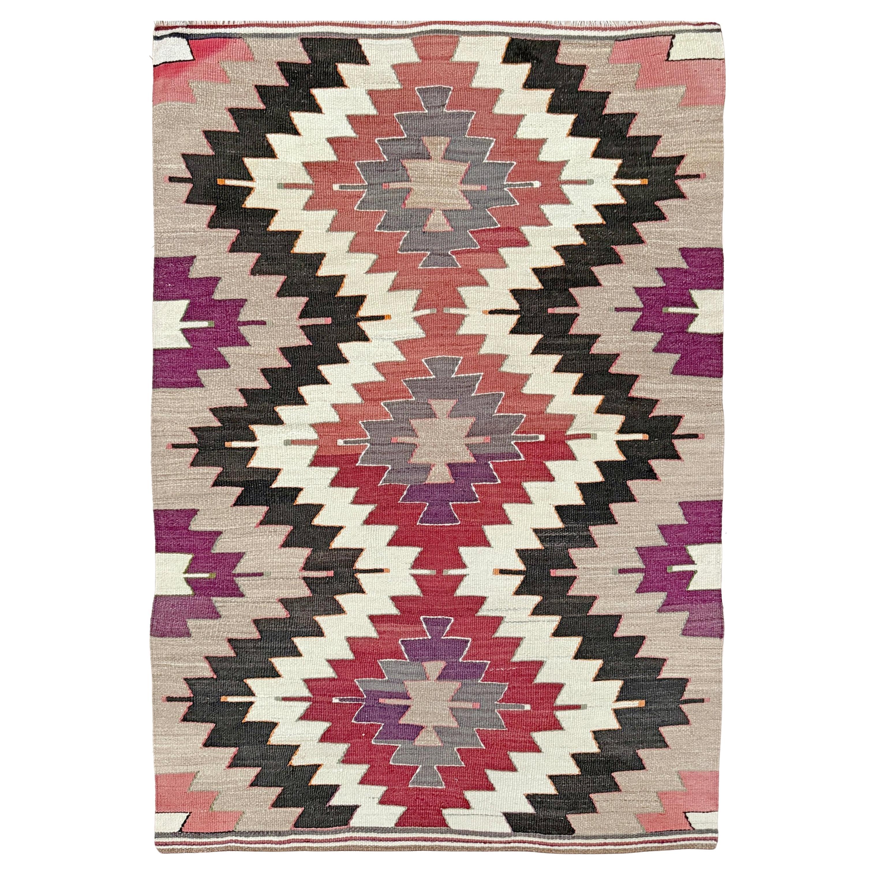Mut Kilim geometrico - Tappeto a trama piatta turco vintage in stile Navajo (3'x5') - 1970s