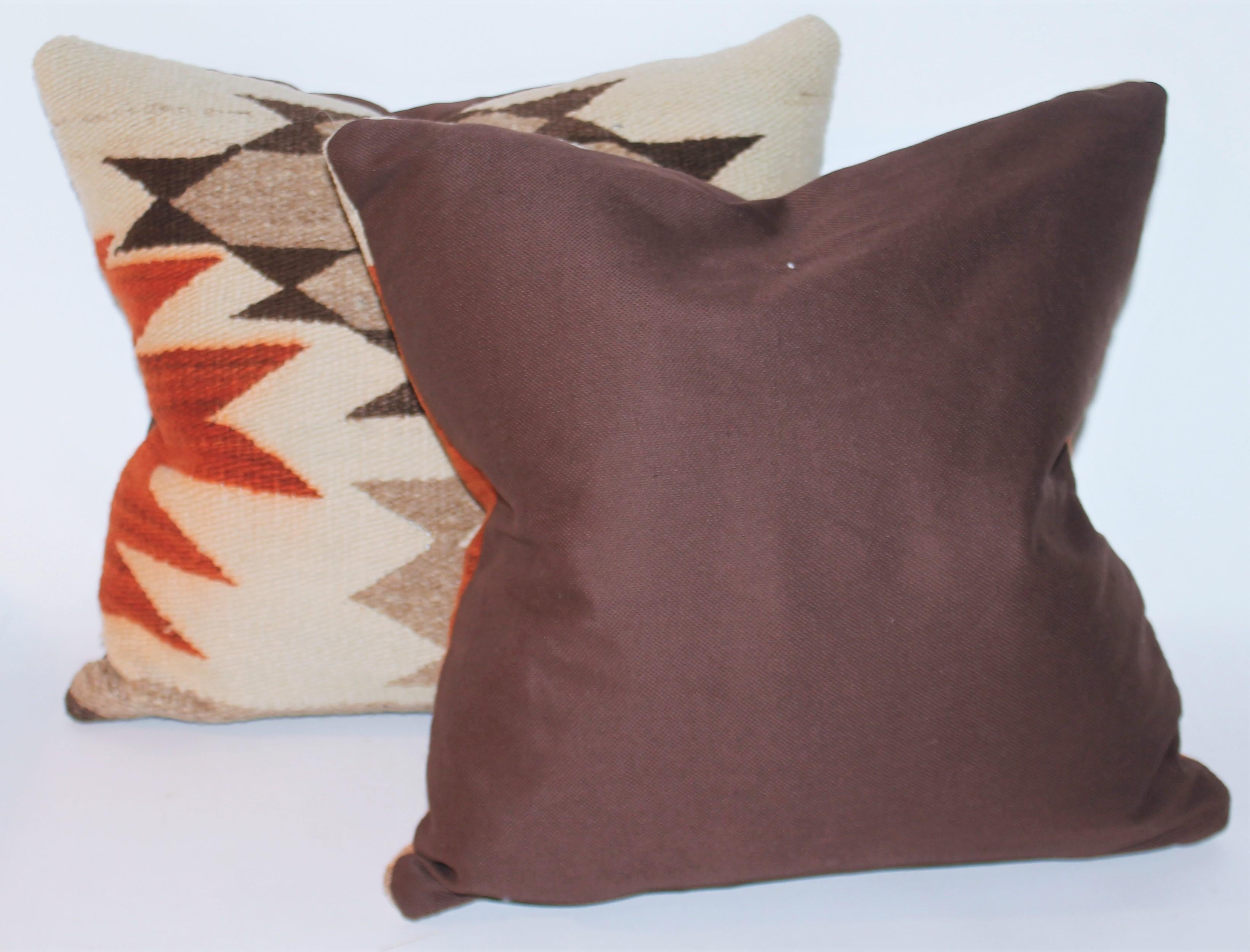 Geometric Navajo Indian weaving pillows in good condition. Brown cotton linen pillows. Sold as a pair.