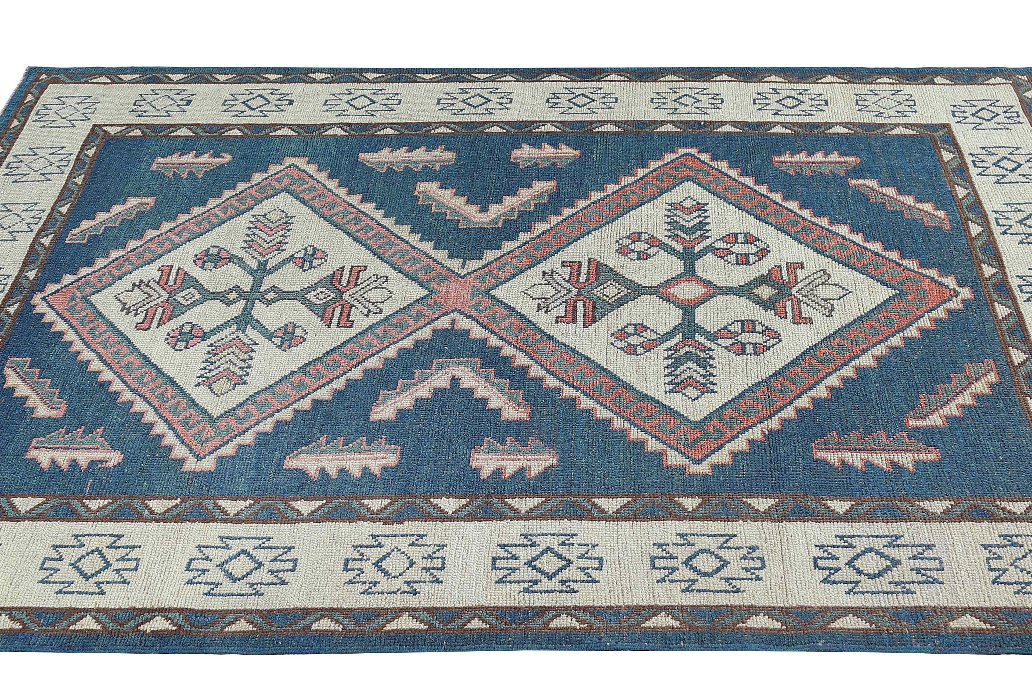 Geometric Navy Blue Turkish Rug For Sale 5