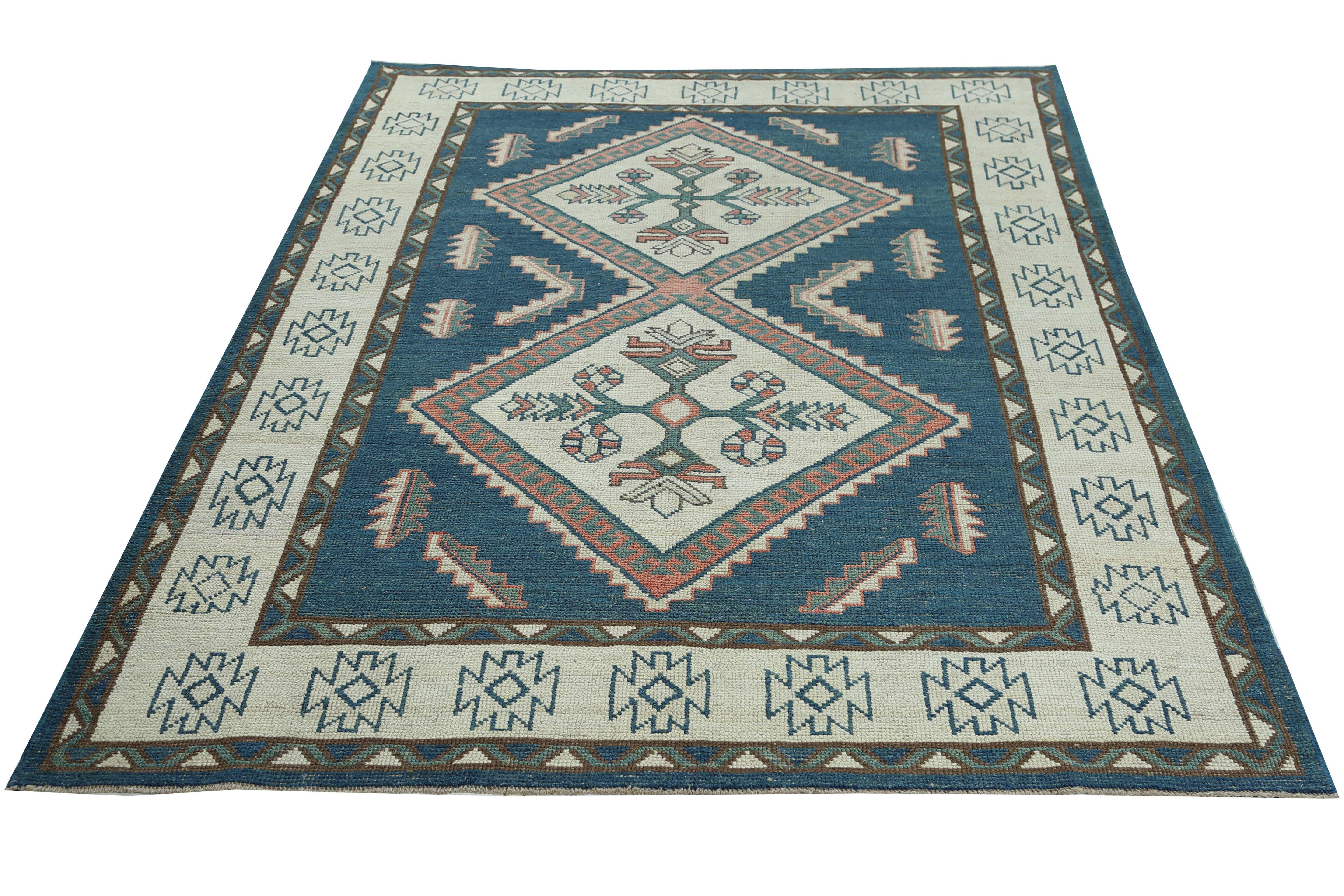 Hand-Woven Geometric Navy Blue Turkish Rug For Sale